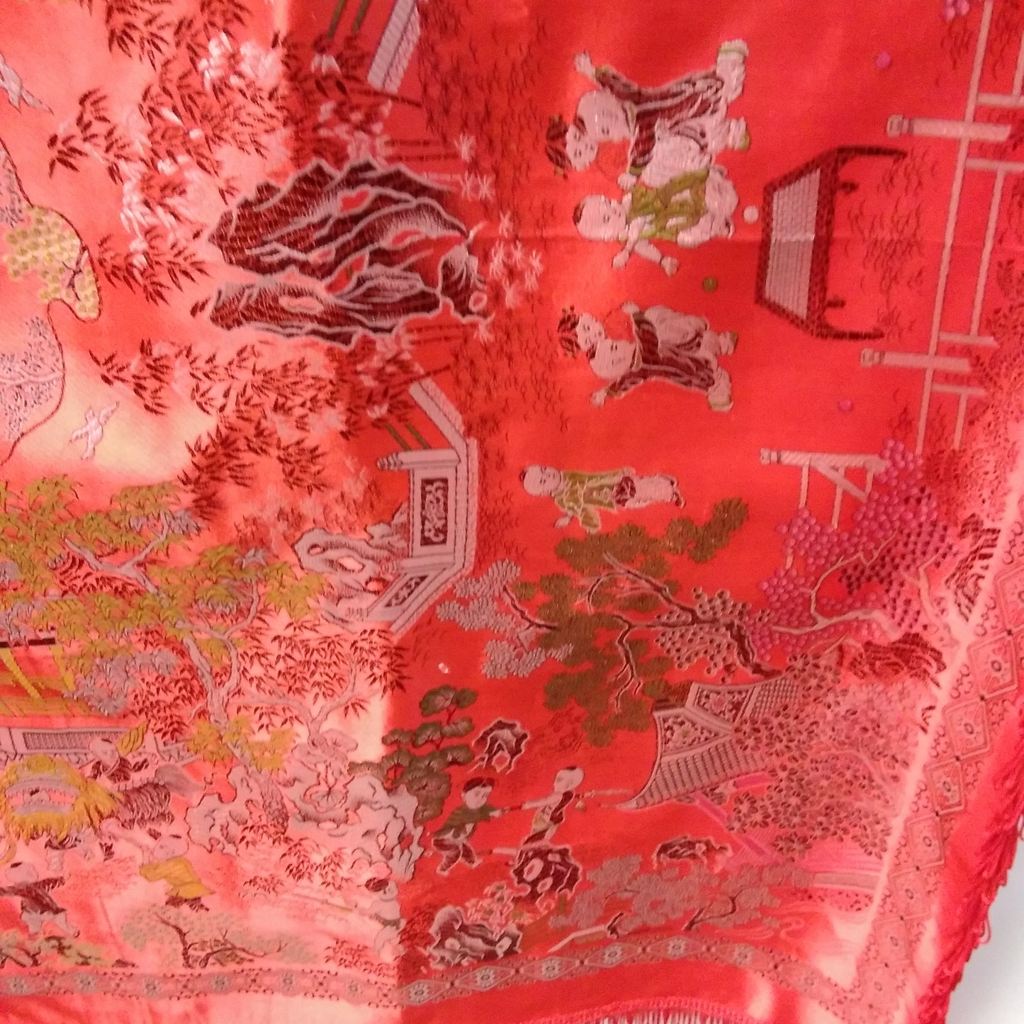 Brocaded Flowers Chinese Silk Embroidered Red Tapestry Cloth With Fringe