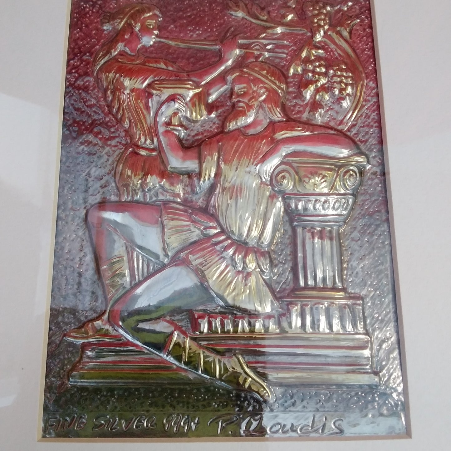 Handmade Silver & Gold Bacchus & Muse Framed Metal Art Signed by Listed Artist Peter Zoudis