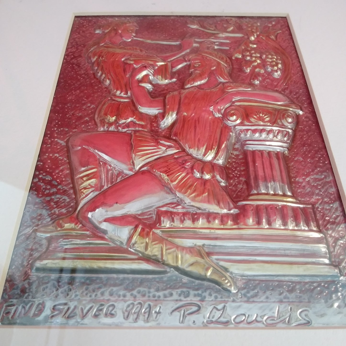 Handmade Silver & Gold Bacchus & Muse Framed Metal Art Signed by Listed Artist Peter Zoudis