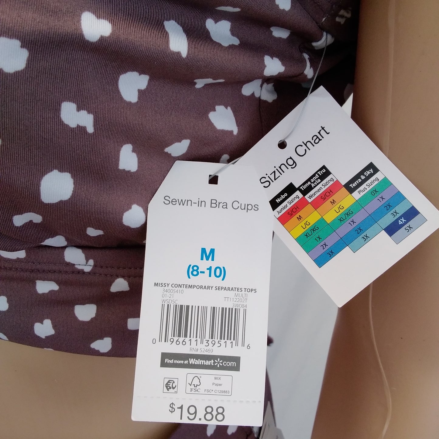 NWT - Time and Tru Brown White 2-Piece Swimsuit - Top M, Bottom L