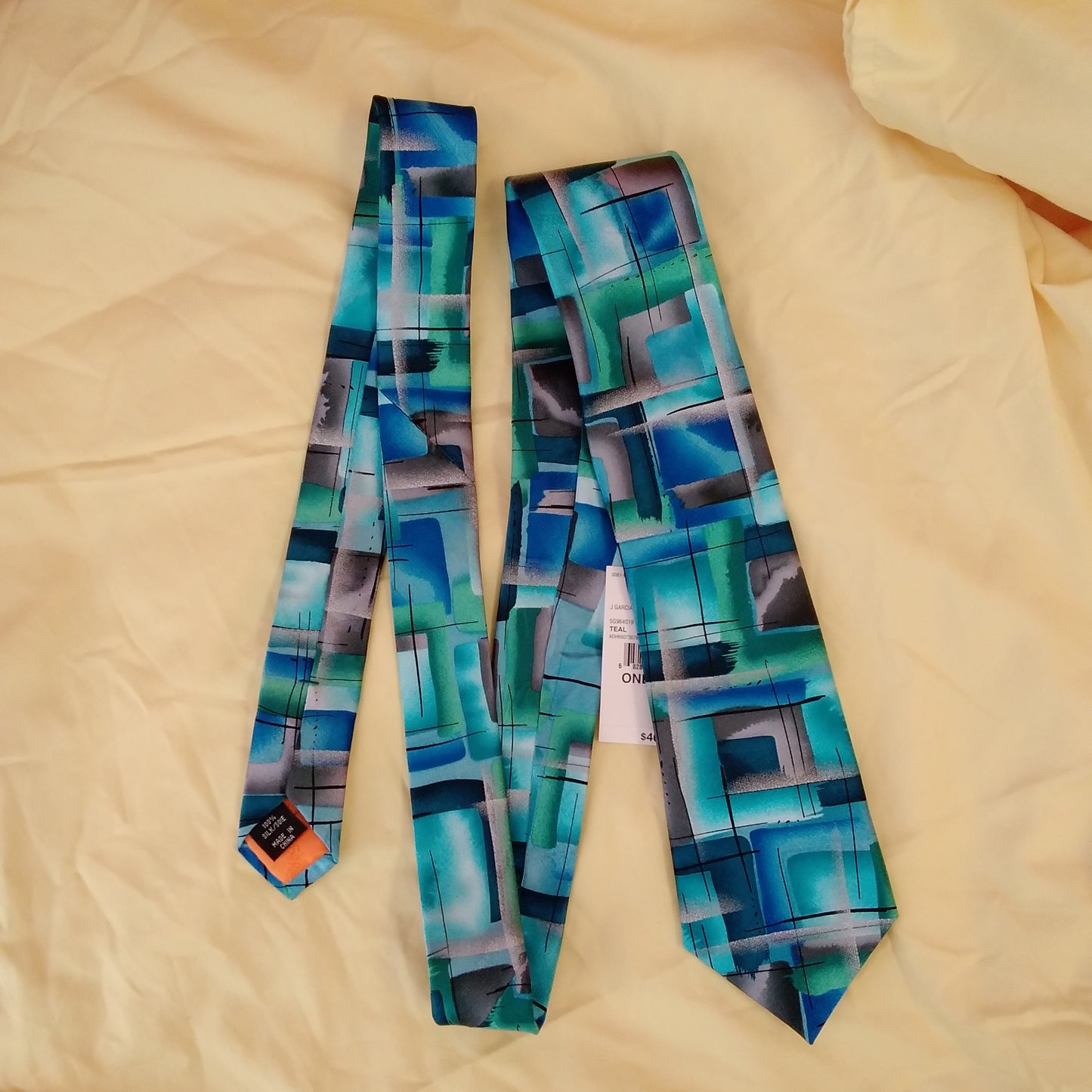 NWT - GARCIA SUN MOVEMENT teal Geometric Pattern 100% SILK Tie - 61"