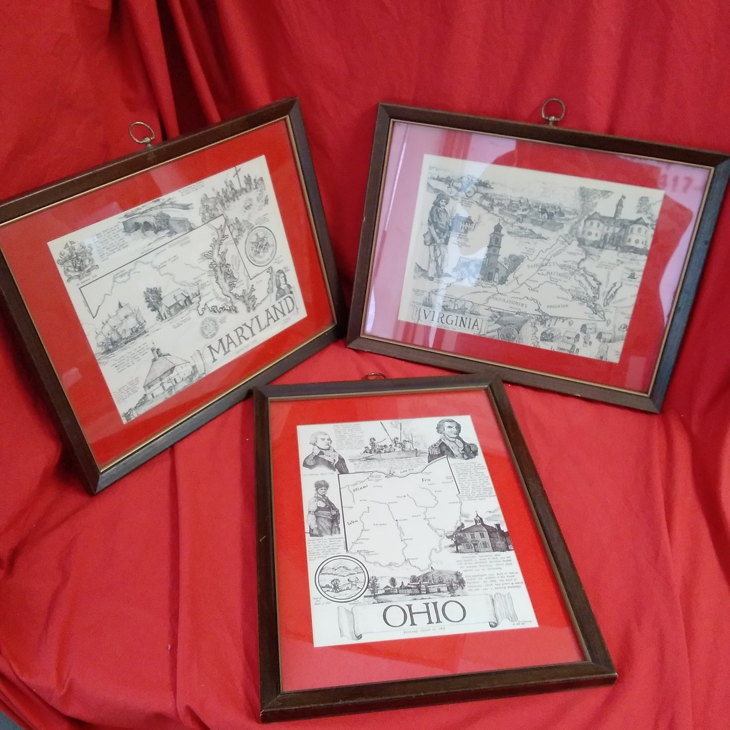 Set of 3 Framed Vintage Ronald Toelke Signed Colonial Prints - Virginia, Ohio and Maryland