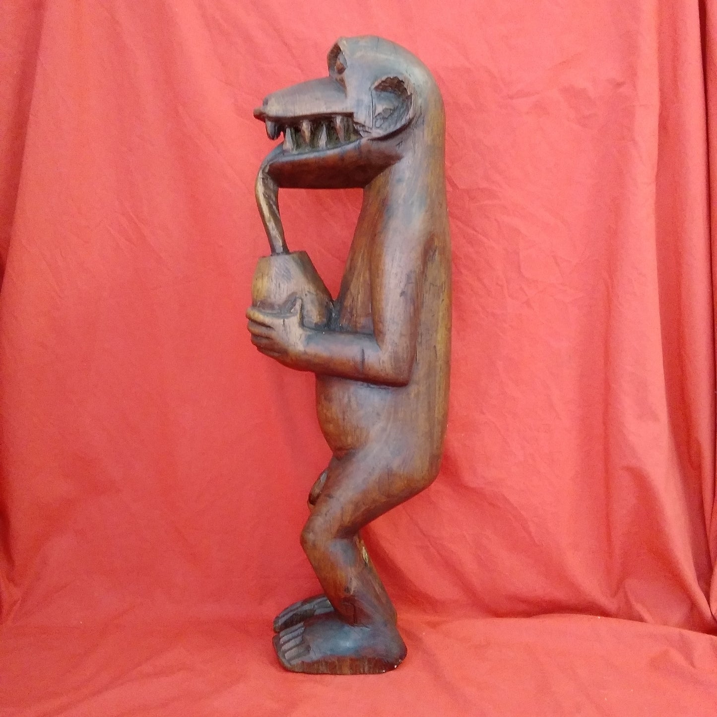 Vintage - 24" Wood Carving from Ghana of a Monkey Drinking from a Coconut