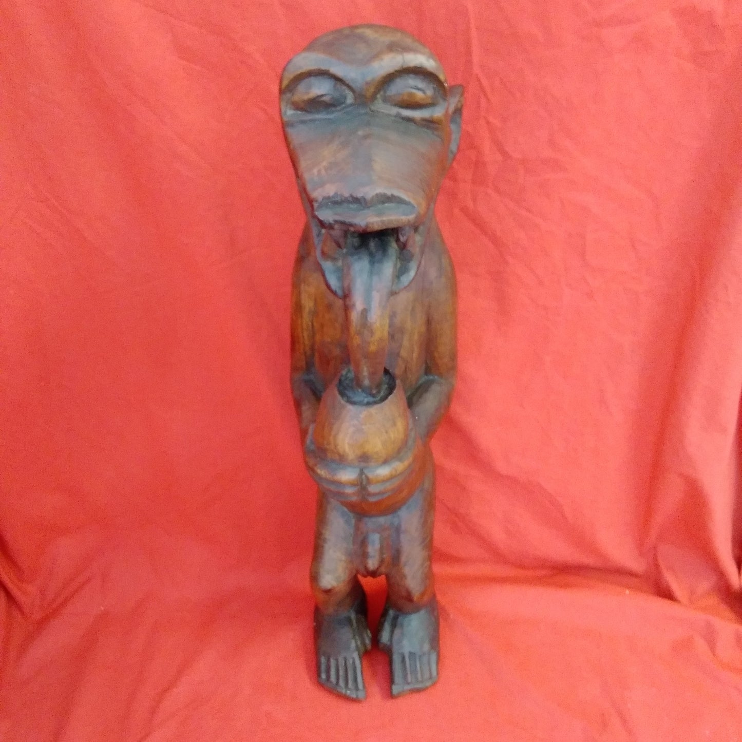 Vintage - 24" Wood Carving from Ghana of a Monkey Drinking from a Coconut