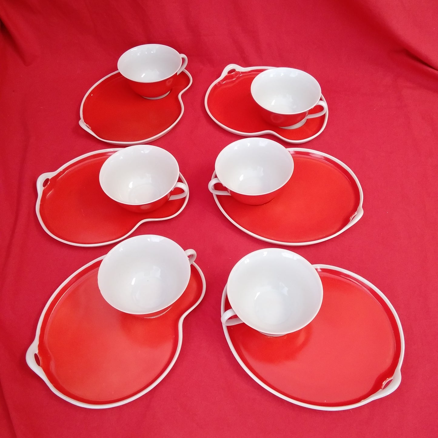 Vintage - set of 6 - Josef Lenhart (JLS) Red and White Tea cups and snack trays