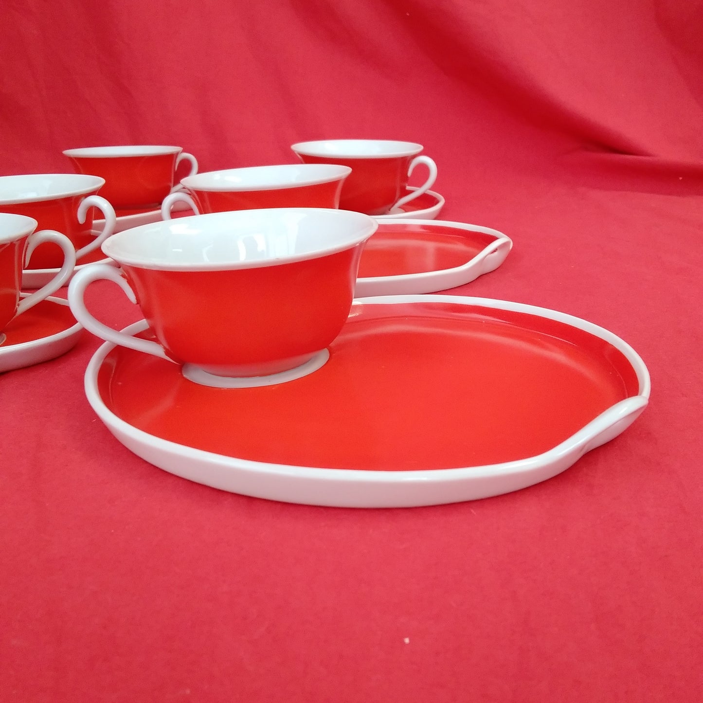 Vintage - set of 6 - Josef Lenhart (JLS) Red and White Tea cups and snack trays
