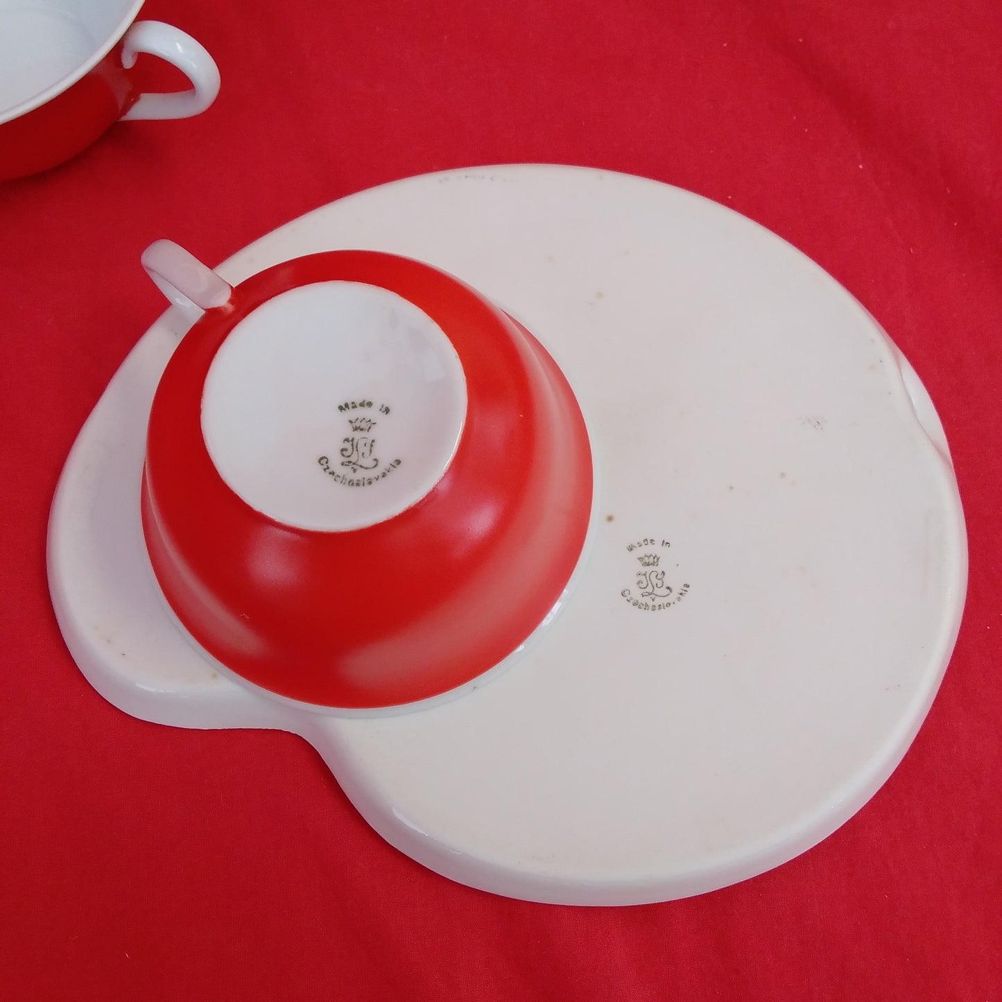 Vintage - set of 6 - Josef Lenhart (JLS) Red and White Tea cups and snack trays