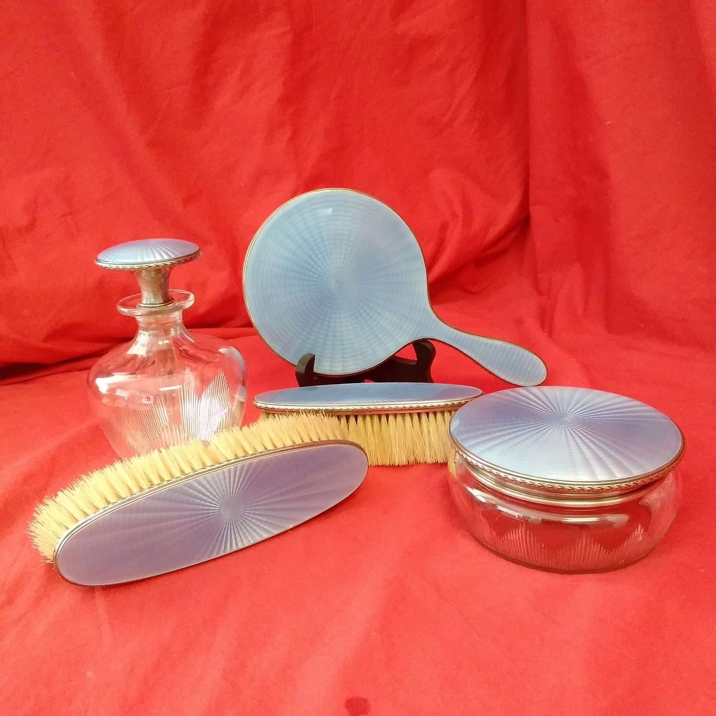 Antique - 1920's Tiffany & Co. Blue Guilloche Enameled Sterling Silver 5 Piece Dresser Set