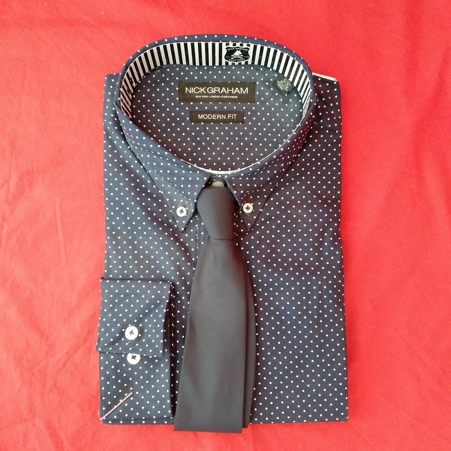 NWOT - Nick Graham Blue Dot Modern Fit Long Sleeve Shirt w/ Tie - XL