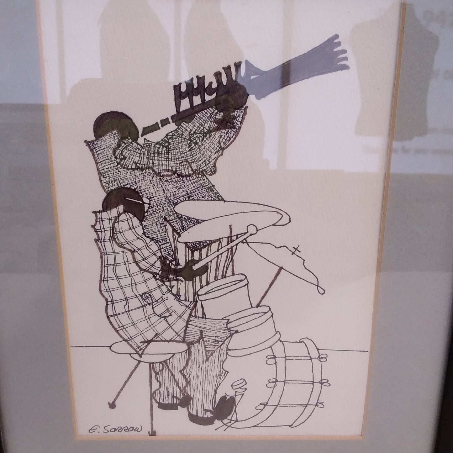 Vintage - E. Sorrow New Orleans Jazz 5.5" x 8" Drawing - Framed