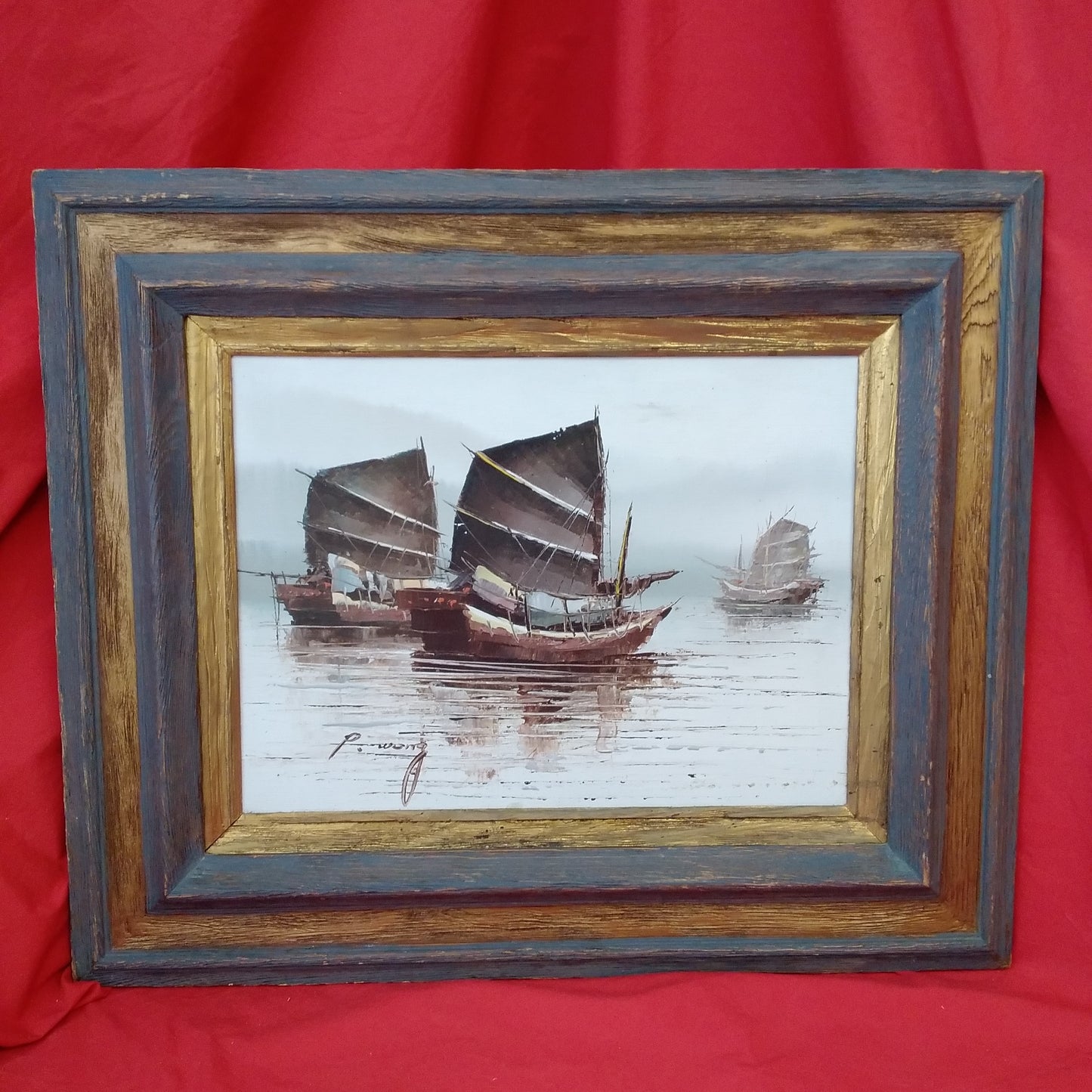P. Wong - Certified Original Framed 12x16" Signed Oil Painting "Junk Boats at Sea"