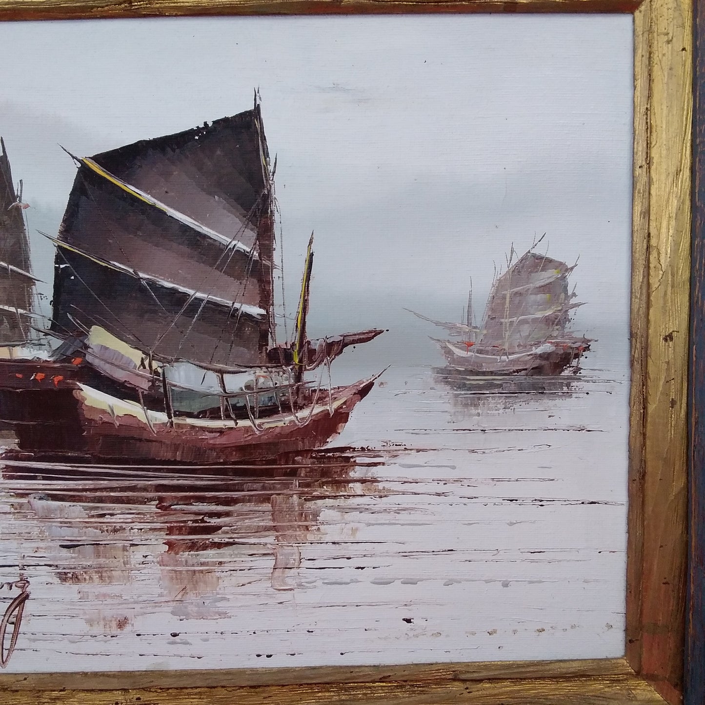 P. Wong - Certified Original Framed 12x16" Signed Oil Painting "Junk Boats at Sea"