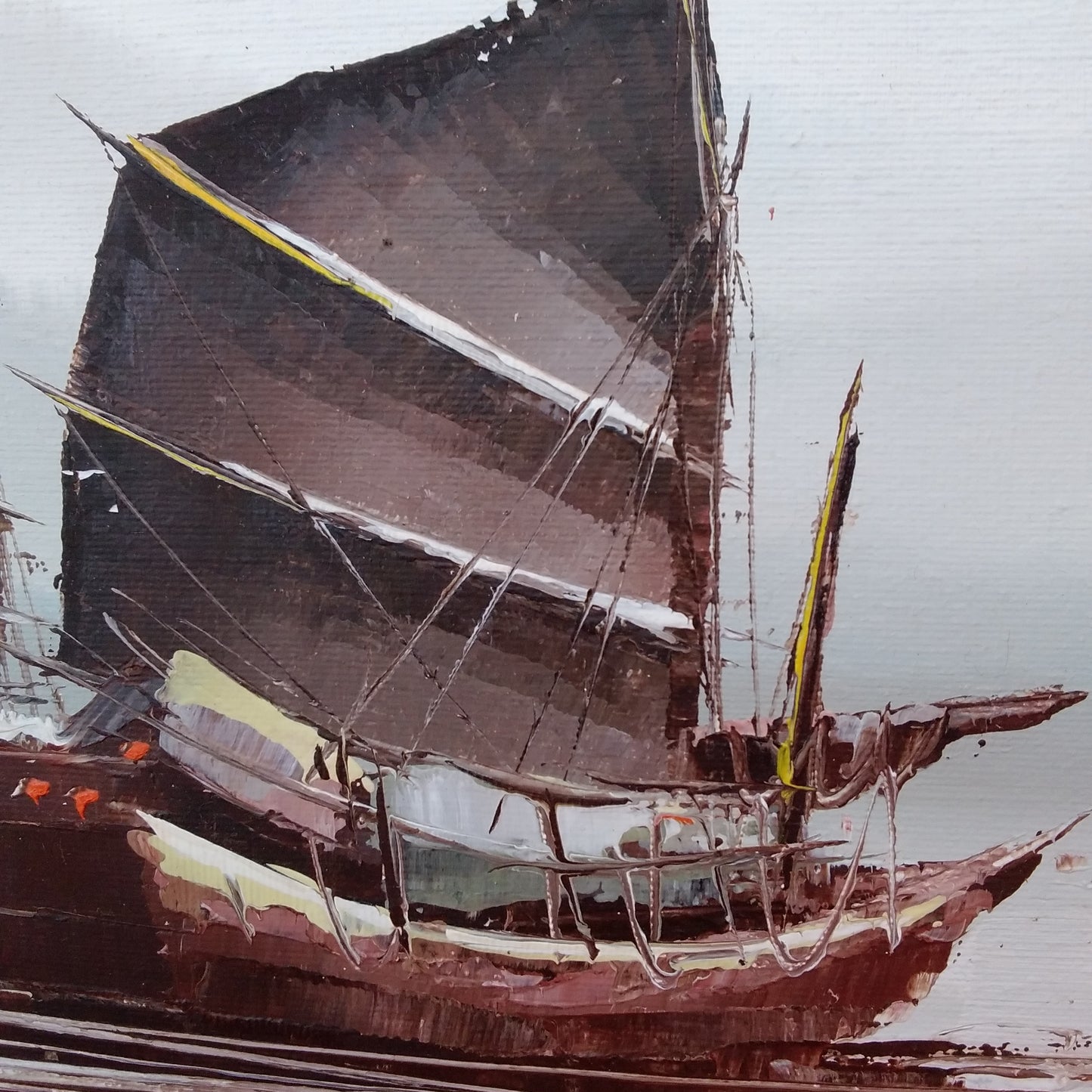 P. Wong - Certified Original Framed 12x16" Signed Oil Painting "Junk Boats at Sea"