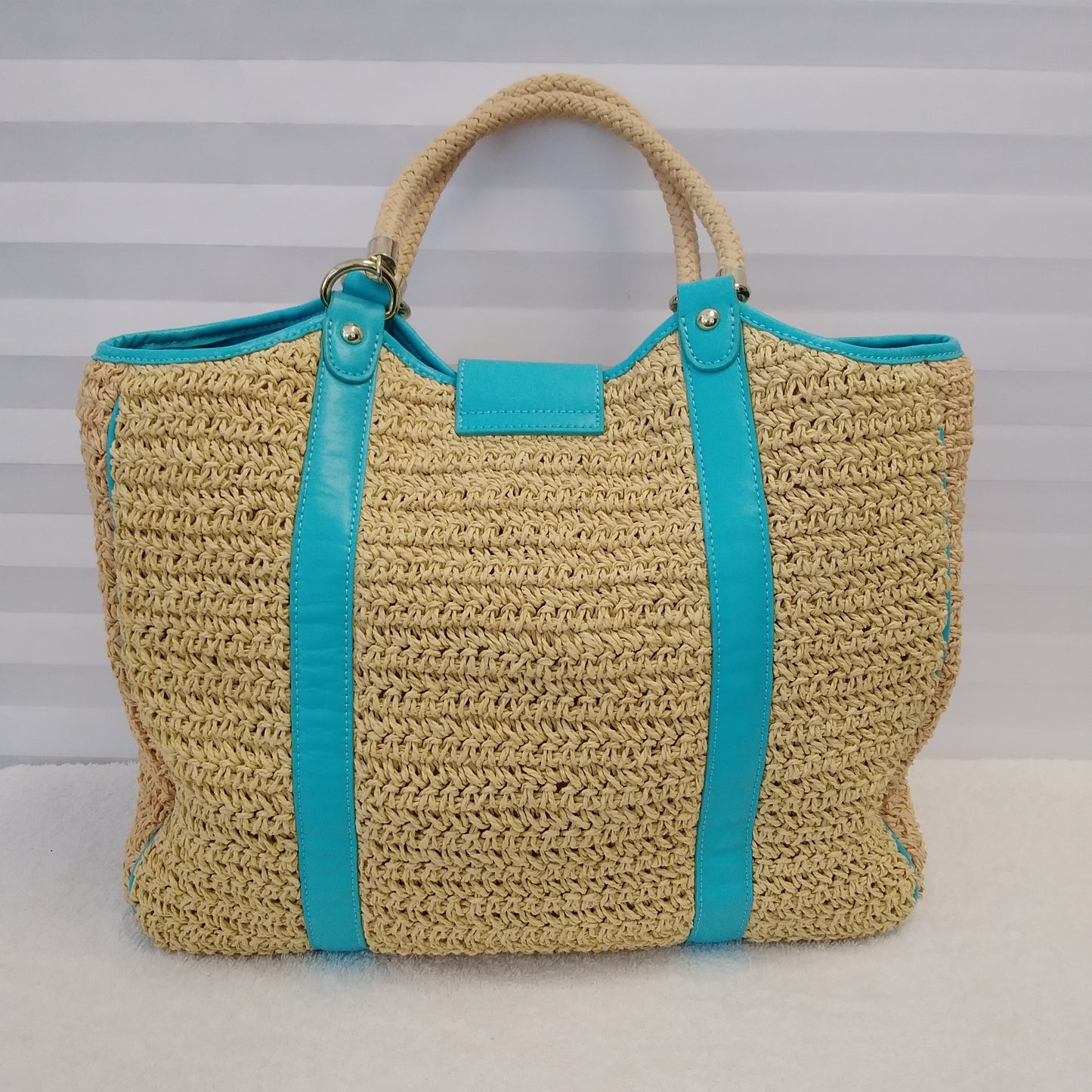 Talbots Large Woven Straw Tote Bag With Teal Leather Trim and Gold Accents