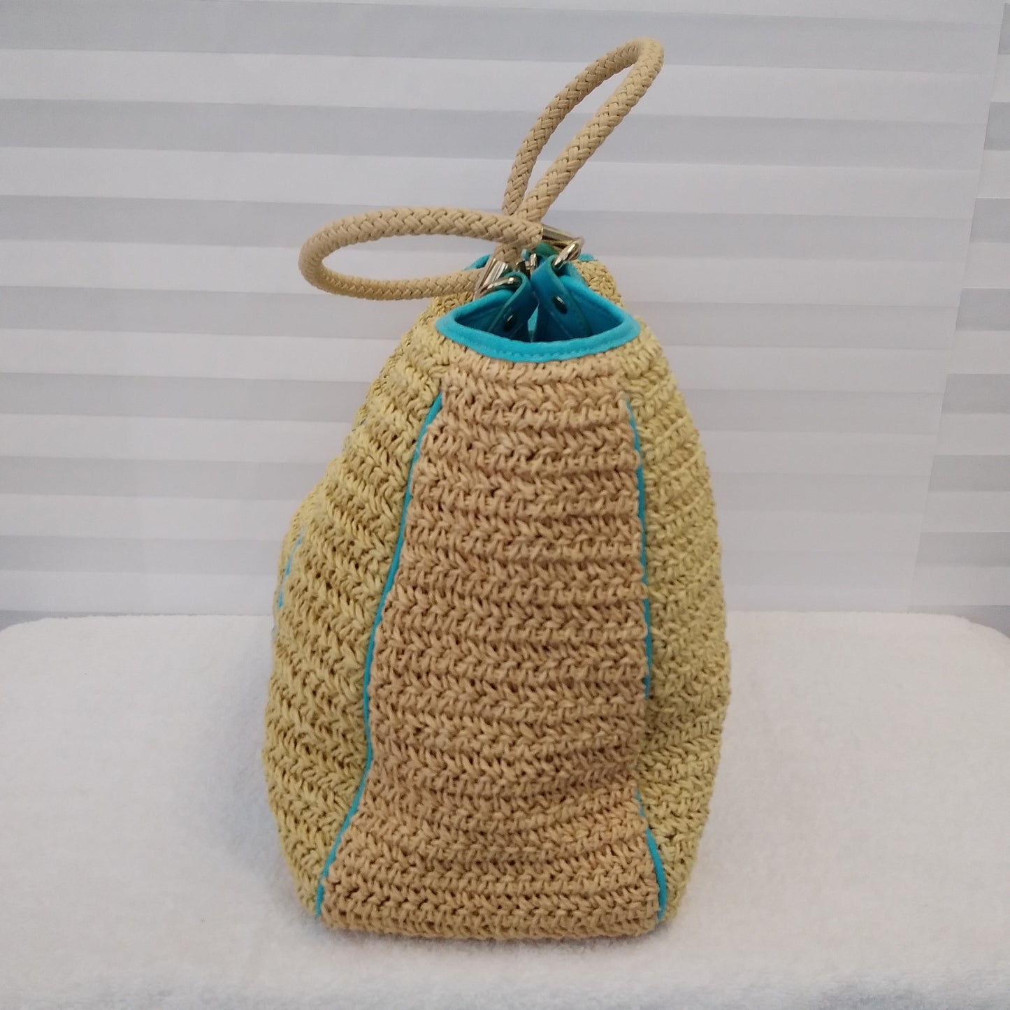 Talbots Large Woven Straw Tote Bag With Teal Leather Trim and Gold Accents