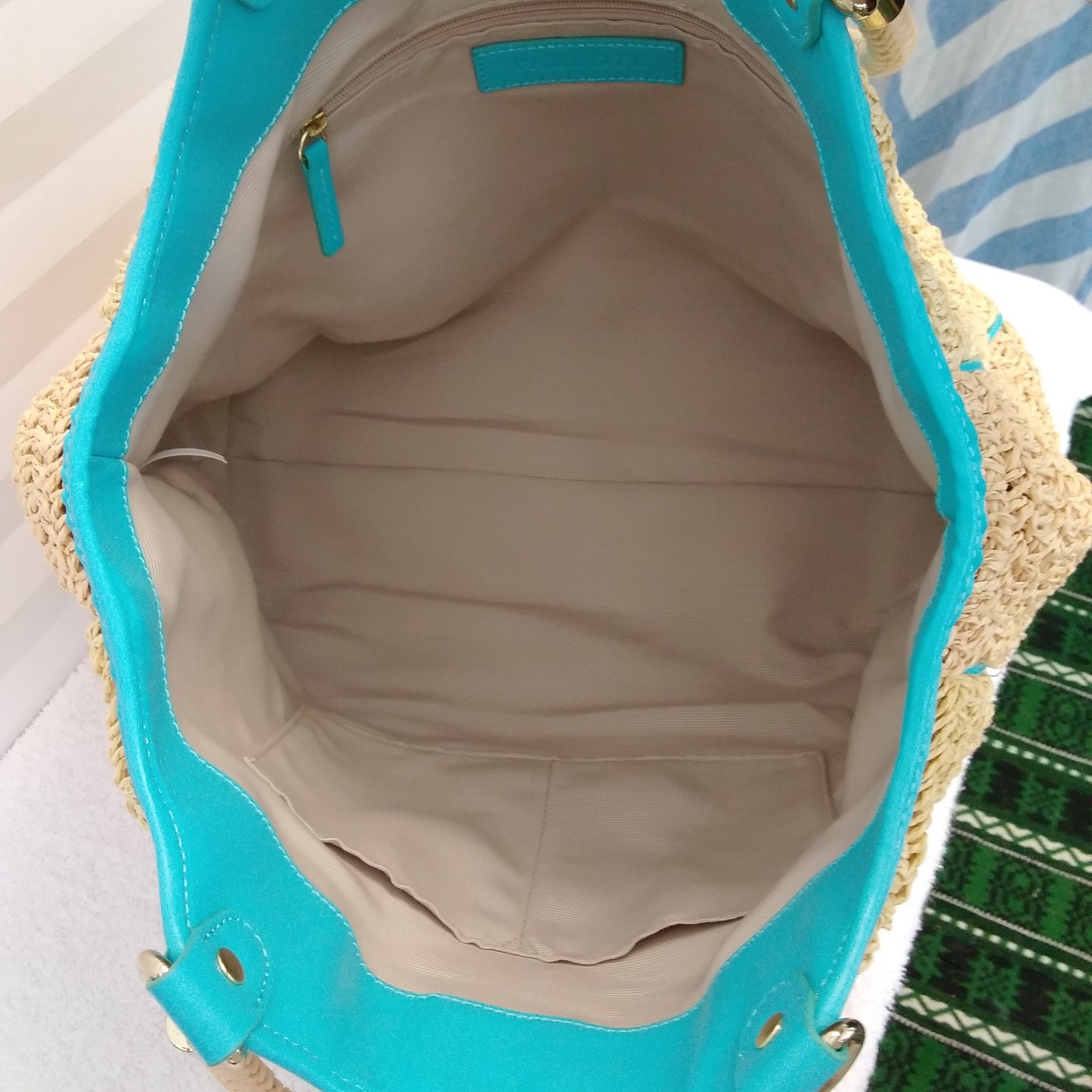 Talbots Large Woven Straw Tote Bag With Teal Leather Trim and Gold Accents