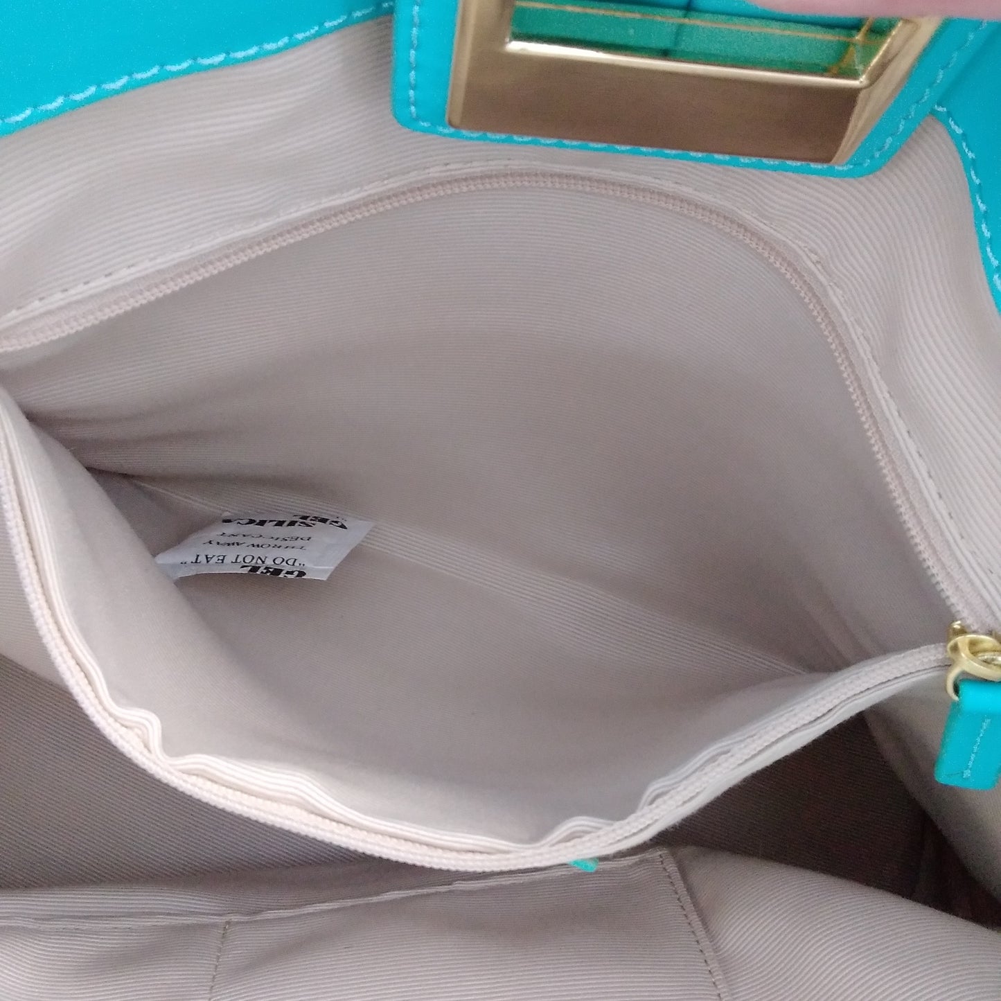 Talbots Large Woven Straw Tote Bag With Teal Leather Trim and Gold Accents