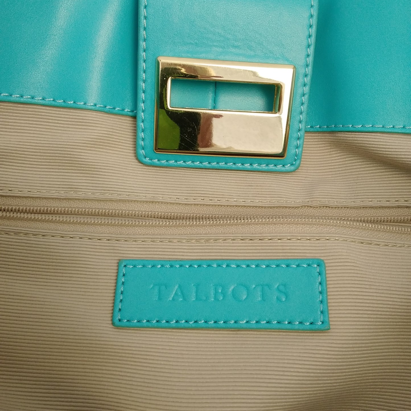 Talbots Large Woven Straw Tote Bag With Teal Leather Trim and Gold Accents