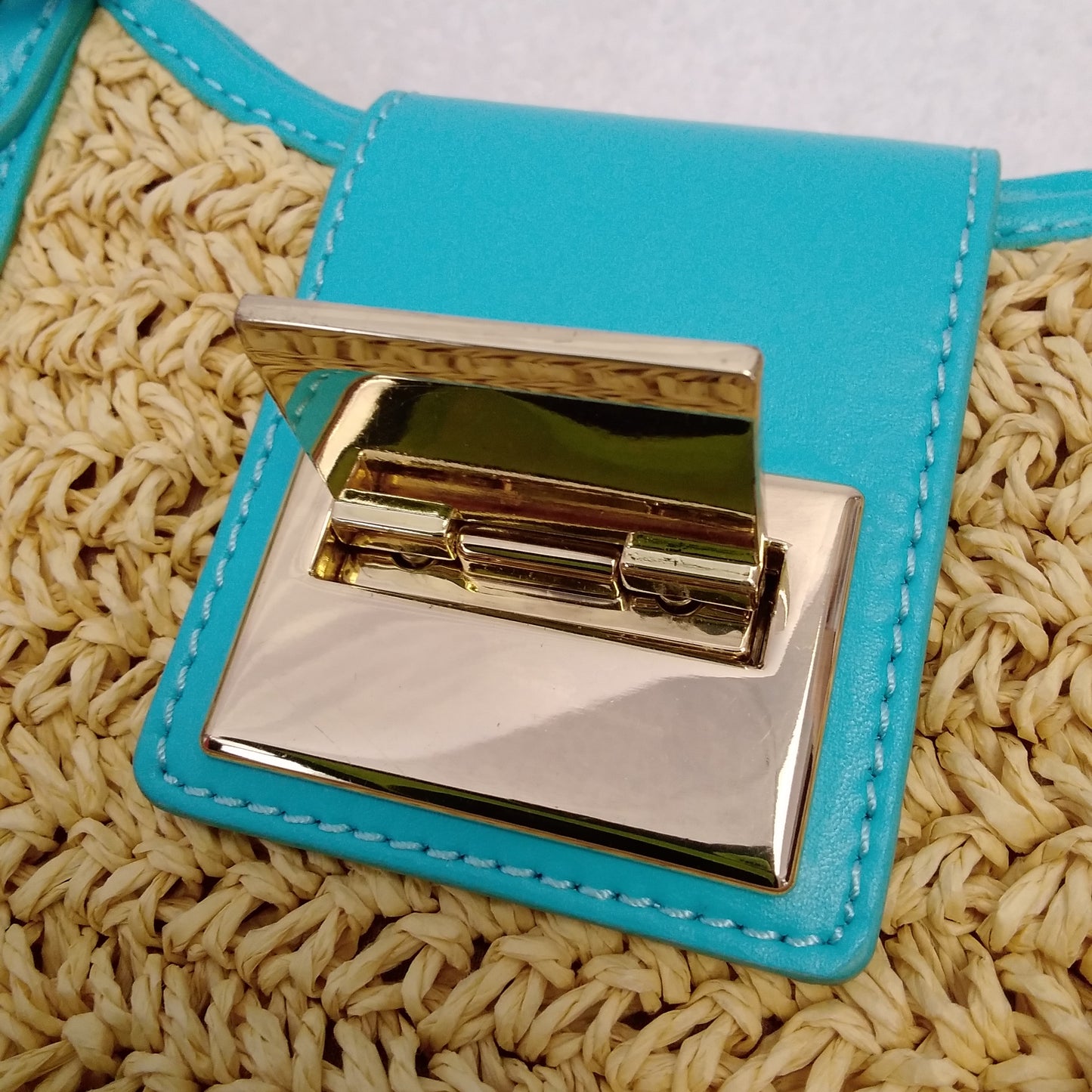 Talbots Large Woven Straw Tote Bag With Teal Leather Trim and Gold Accents