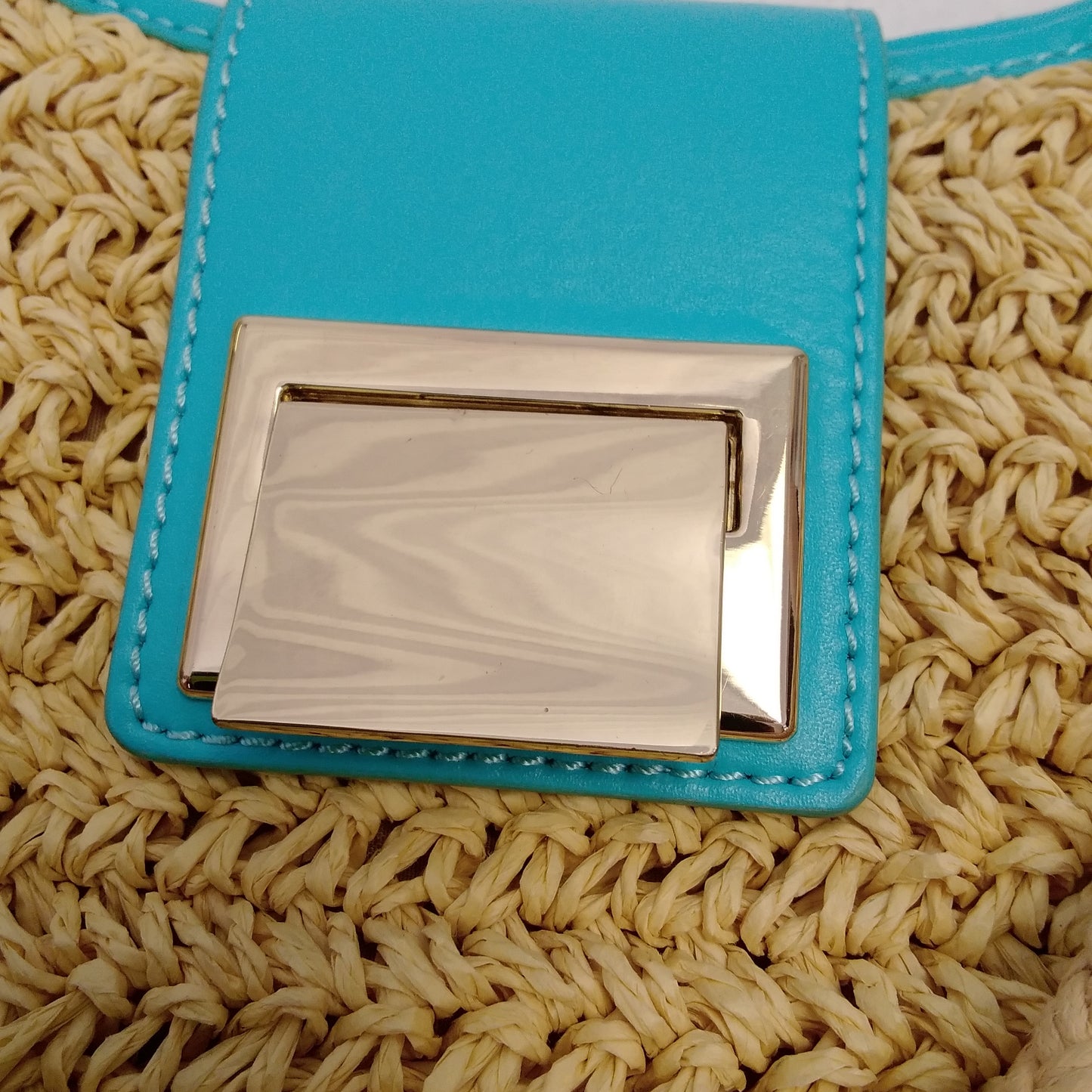 Talbots Large Woven Straw Tote Bag With Teal Leather Trim and Gold Accents