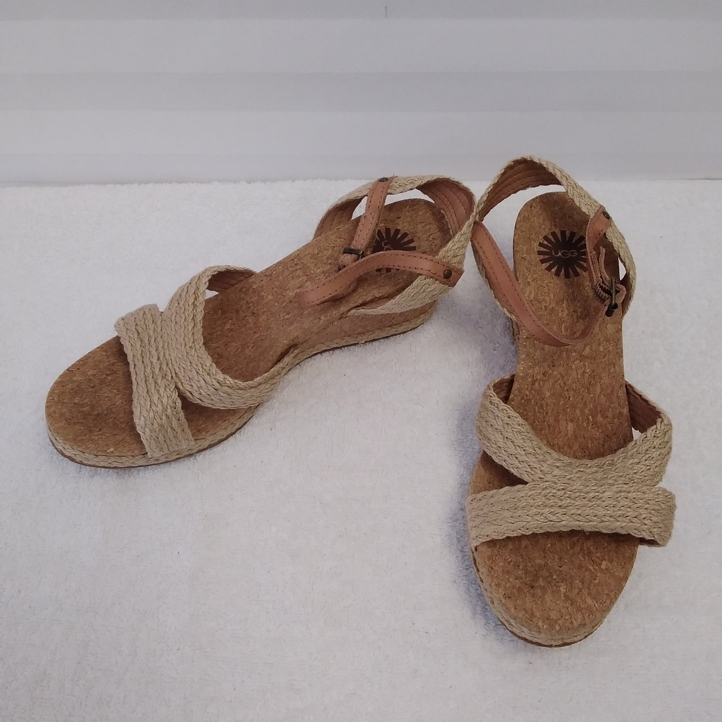UGG Women's Luann Tan Leather Quarter Ankle Strap Espadrille Sandals - Size: 8