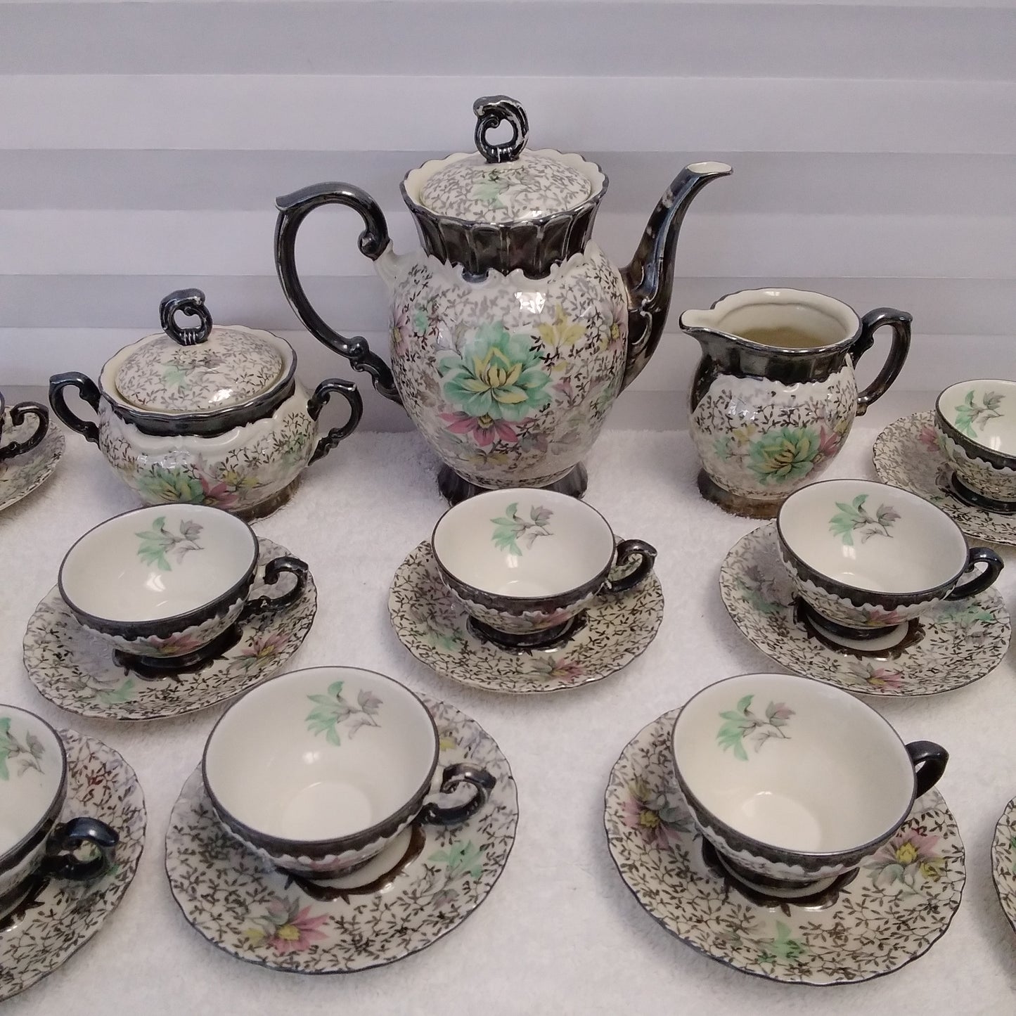 Rare Vintage - 29 Piece Scalloped Pastelfloral Platinum Chintz Tea Set MIT56 by Mitterteich