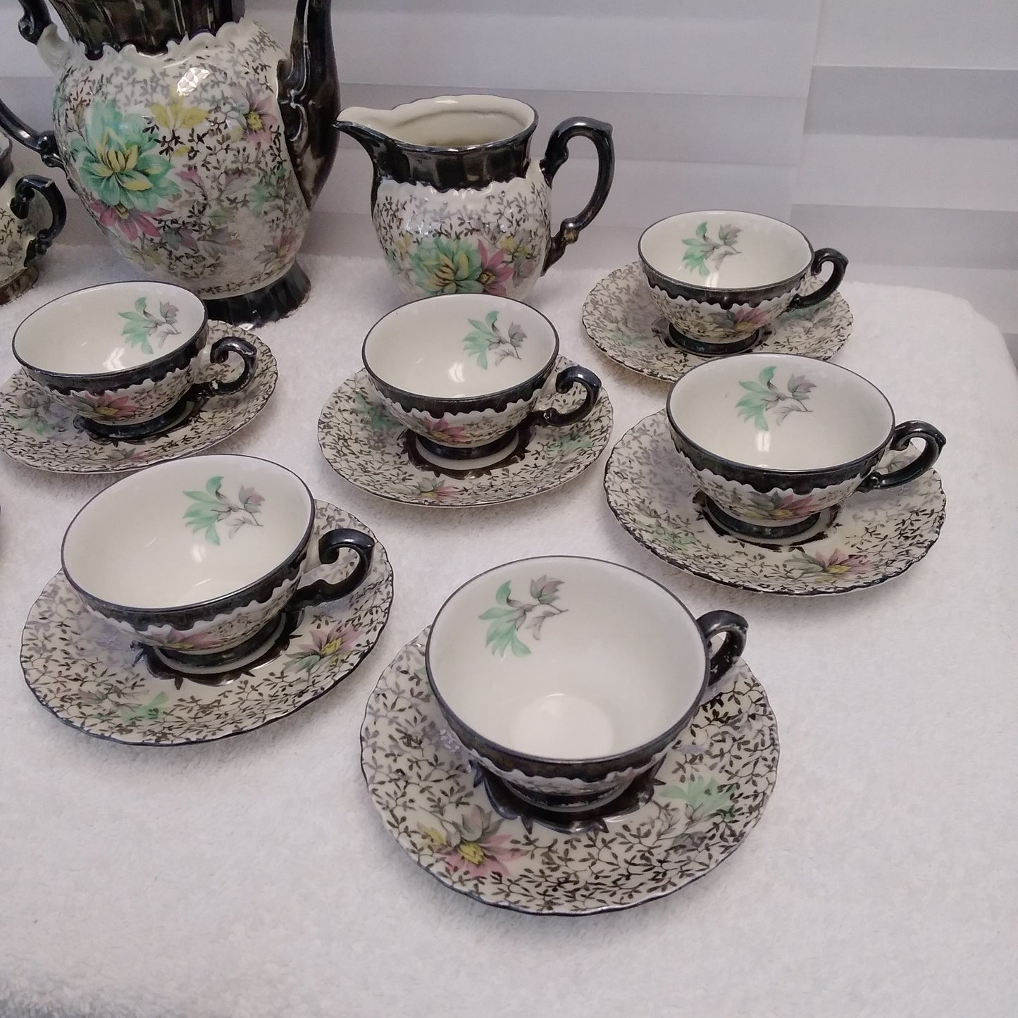 Rare Vintage - 29 Piece Scalloped Pastelfloral Platinum Chintz Tea Set MIT56 by Mitterteich