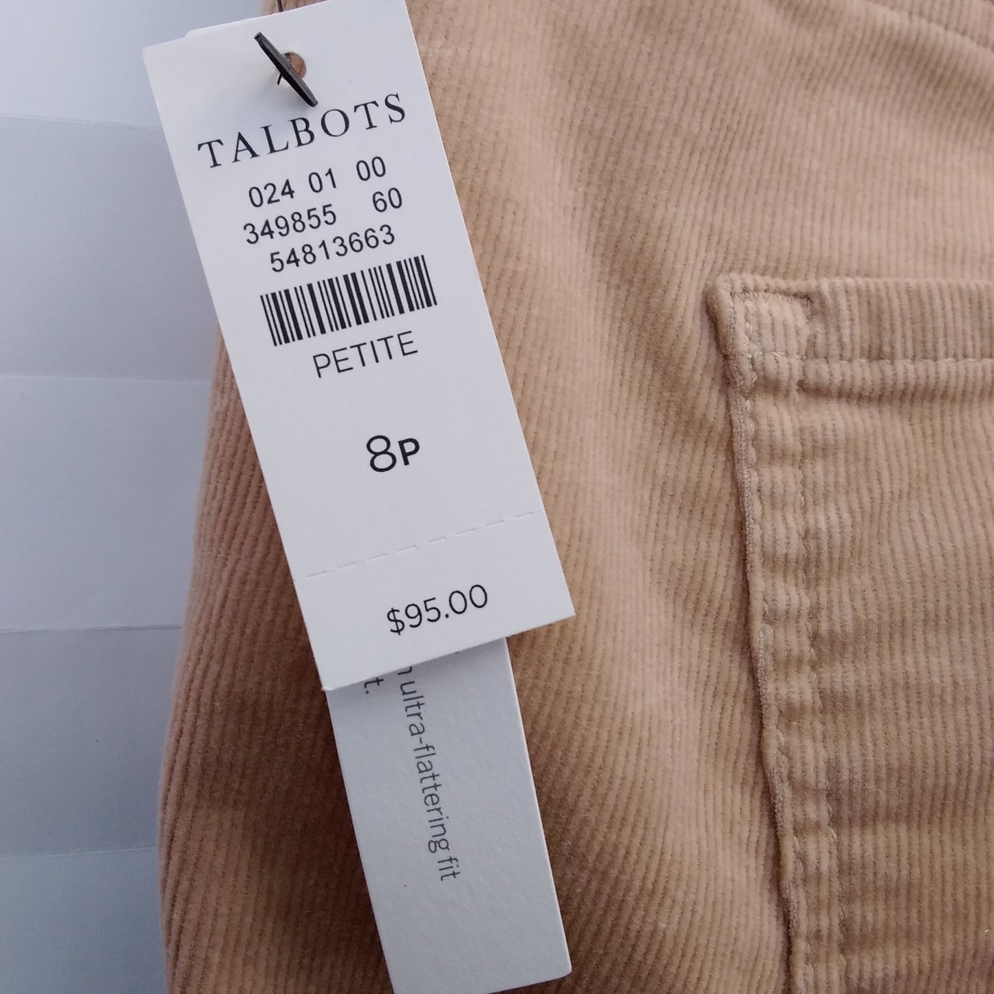 NWT - Talbots Women's Petite Tan Corduroy Jegging - Size: 8P