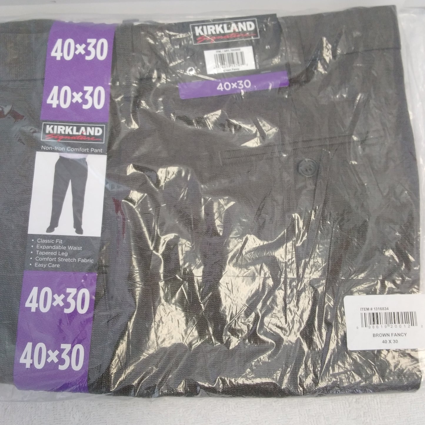 NWT - Kirkland Signature brown Fancy Non Iron Comfort Pant - 40x30