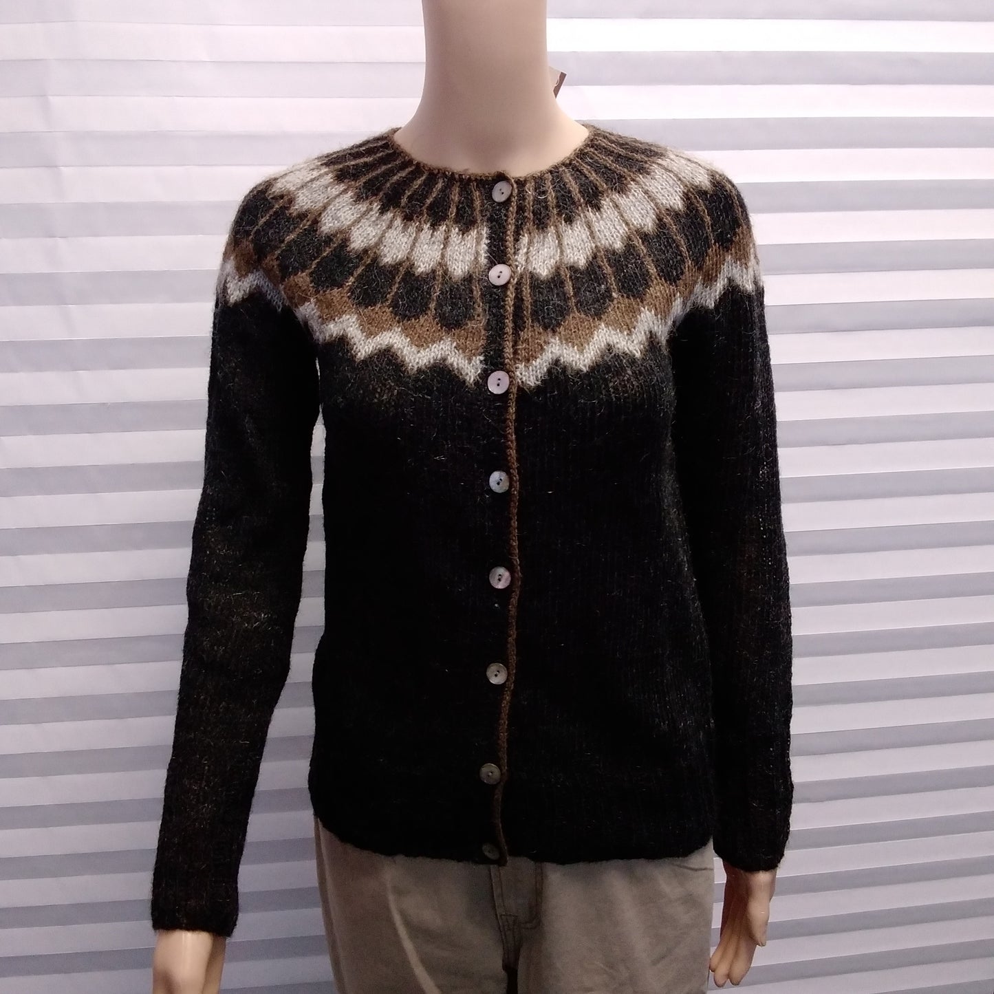 NWT - Vintage Icelandica Black Brown Fifa Cardigan Sweater - S/M