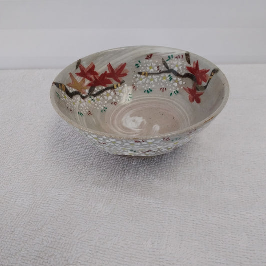 Hand-Painted Japanese Cherry Blossom and Maple Leaf Rice Bowl