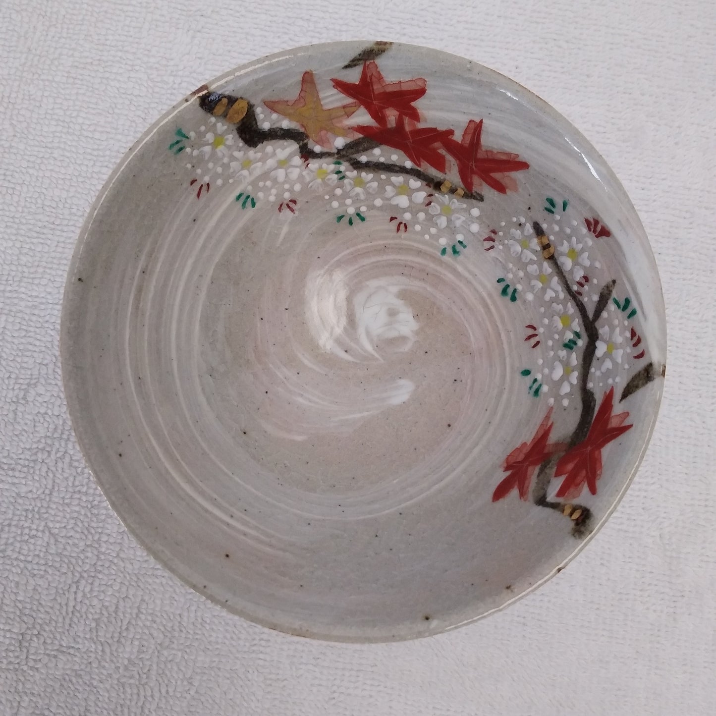 Hand-Painted Japanese Cherry Blossom and Maple Leaf Rice Bowl
