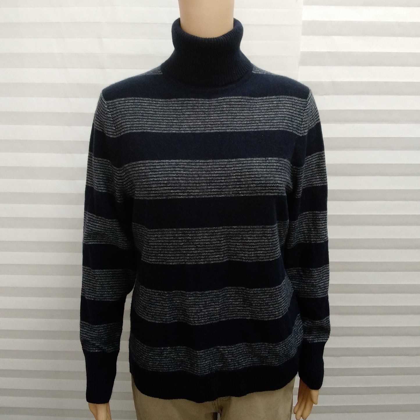 L.L. Bean Navy Blue Stripe Cashmere Turtleneck Sweater - L