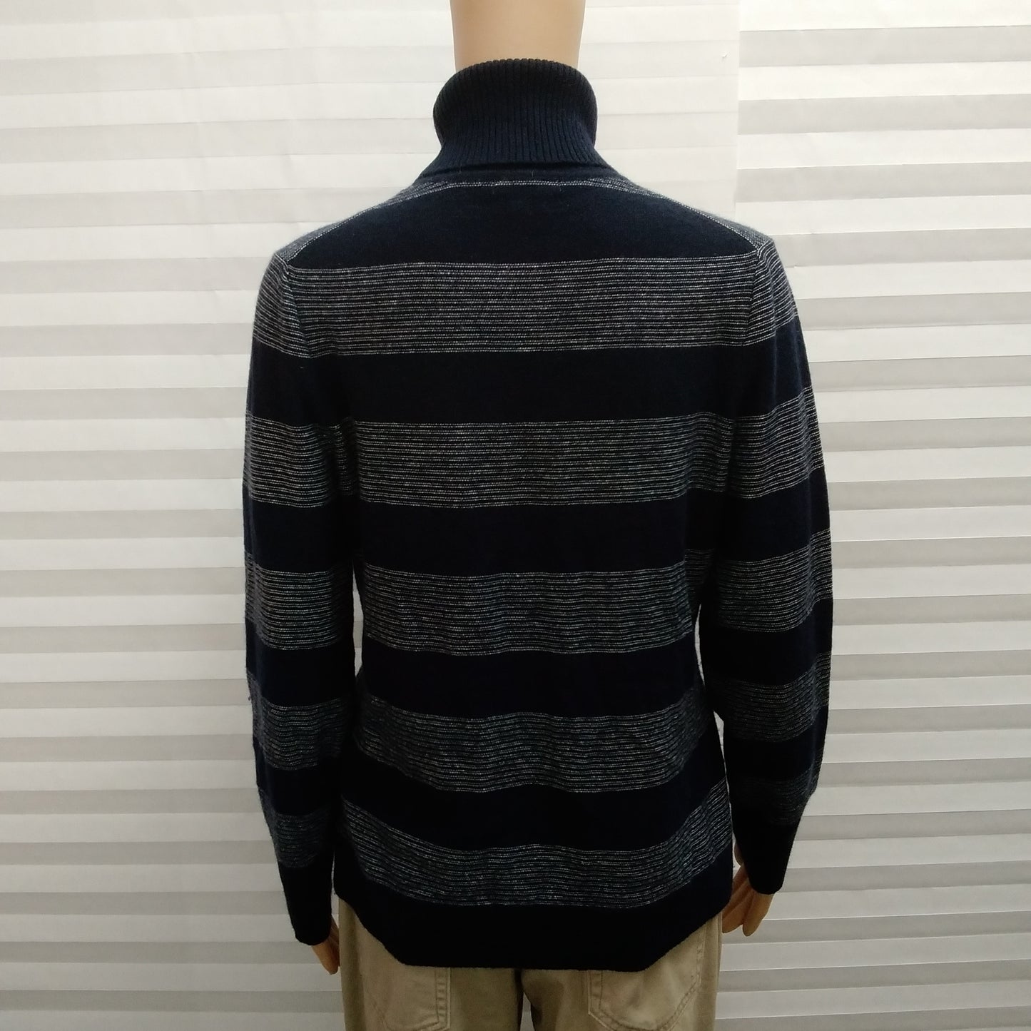 L.L. Bean Navy Blue Stripe Cashmere Turtleneck Sweater - L