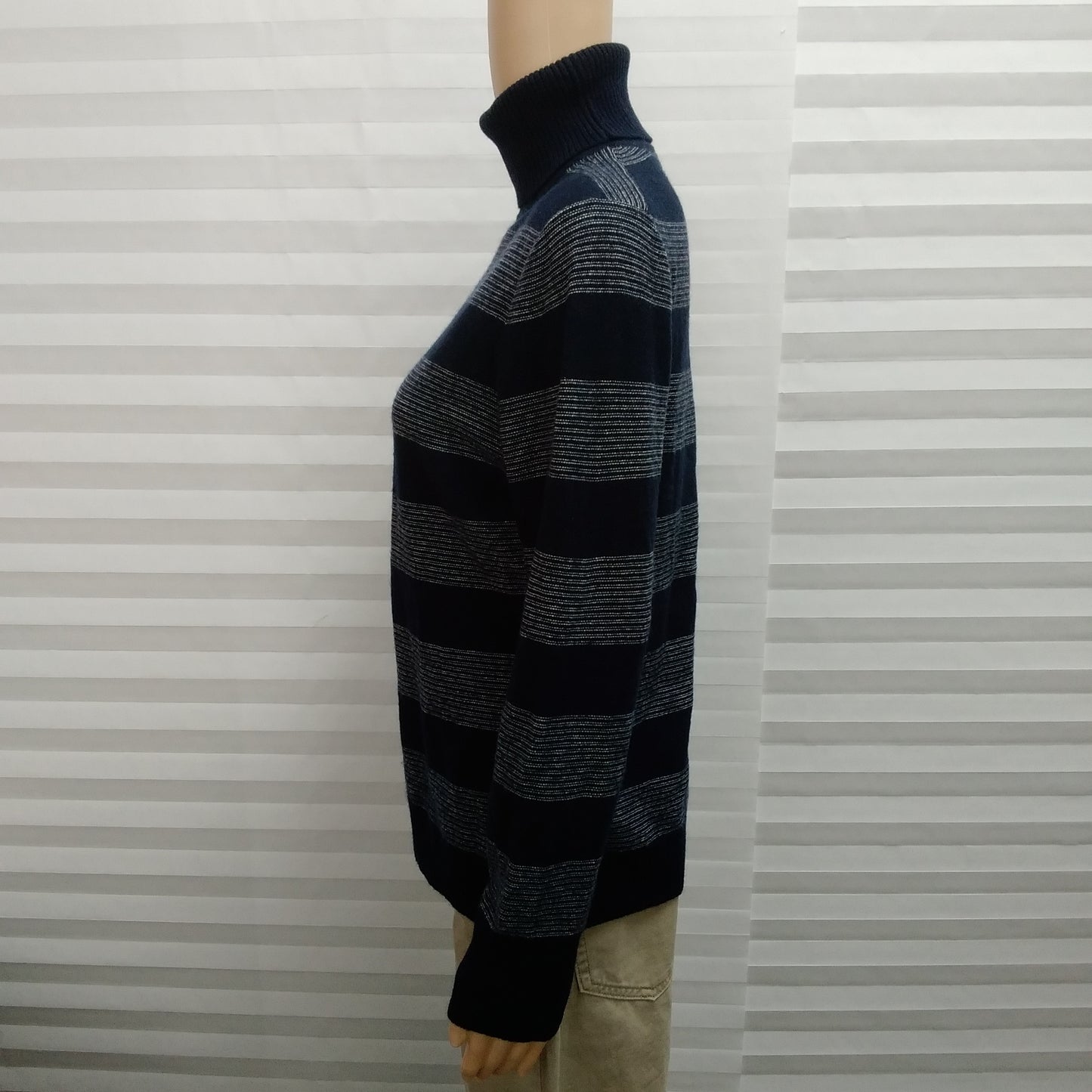 L.L. Bean Navy Blue Stripe Cashmere Turtleneck Sweater - L