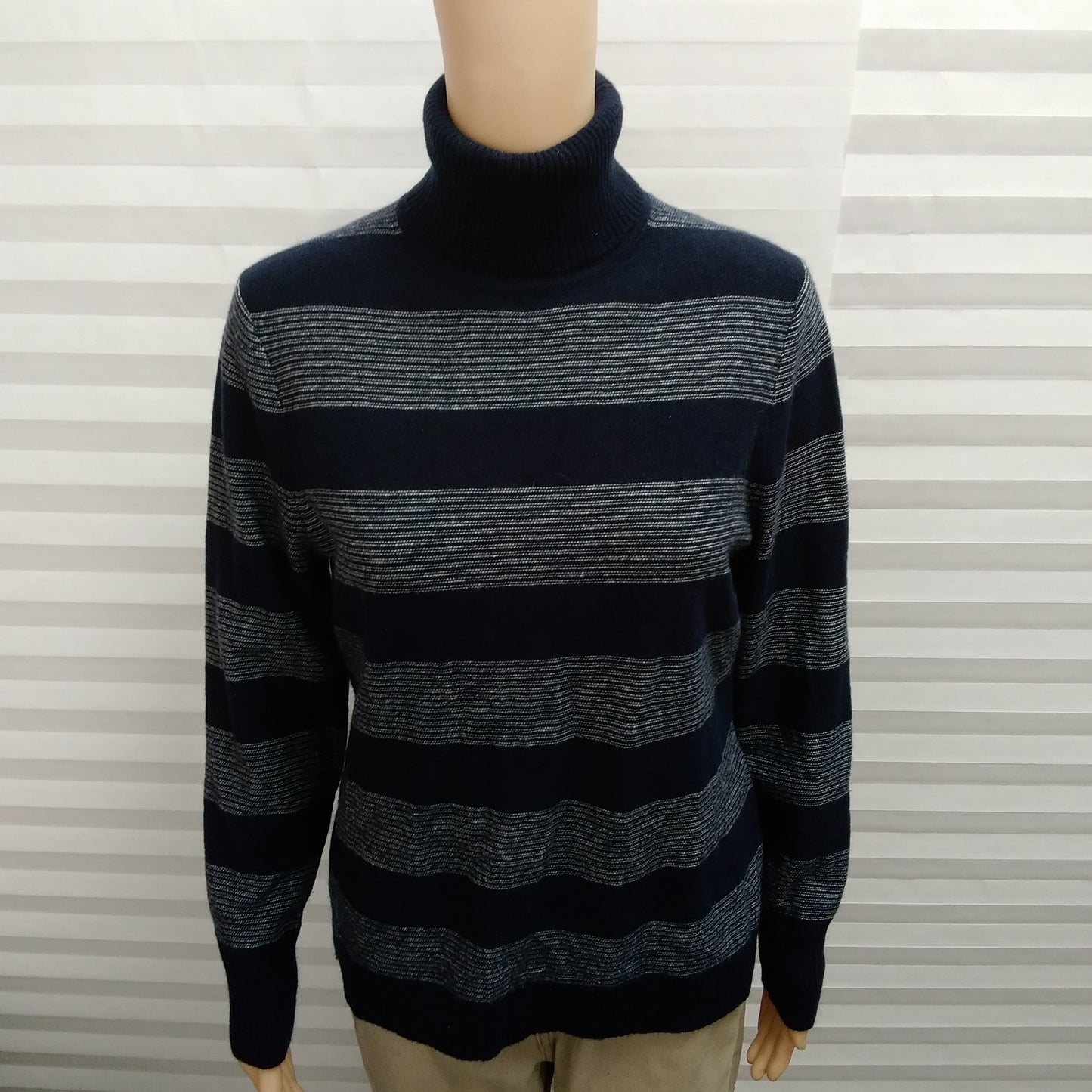 L.L. Bean Navy Blue Stripe Cashmere Turtleneck Sweater - L