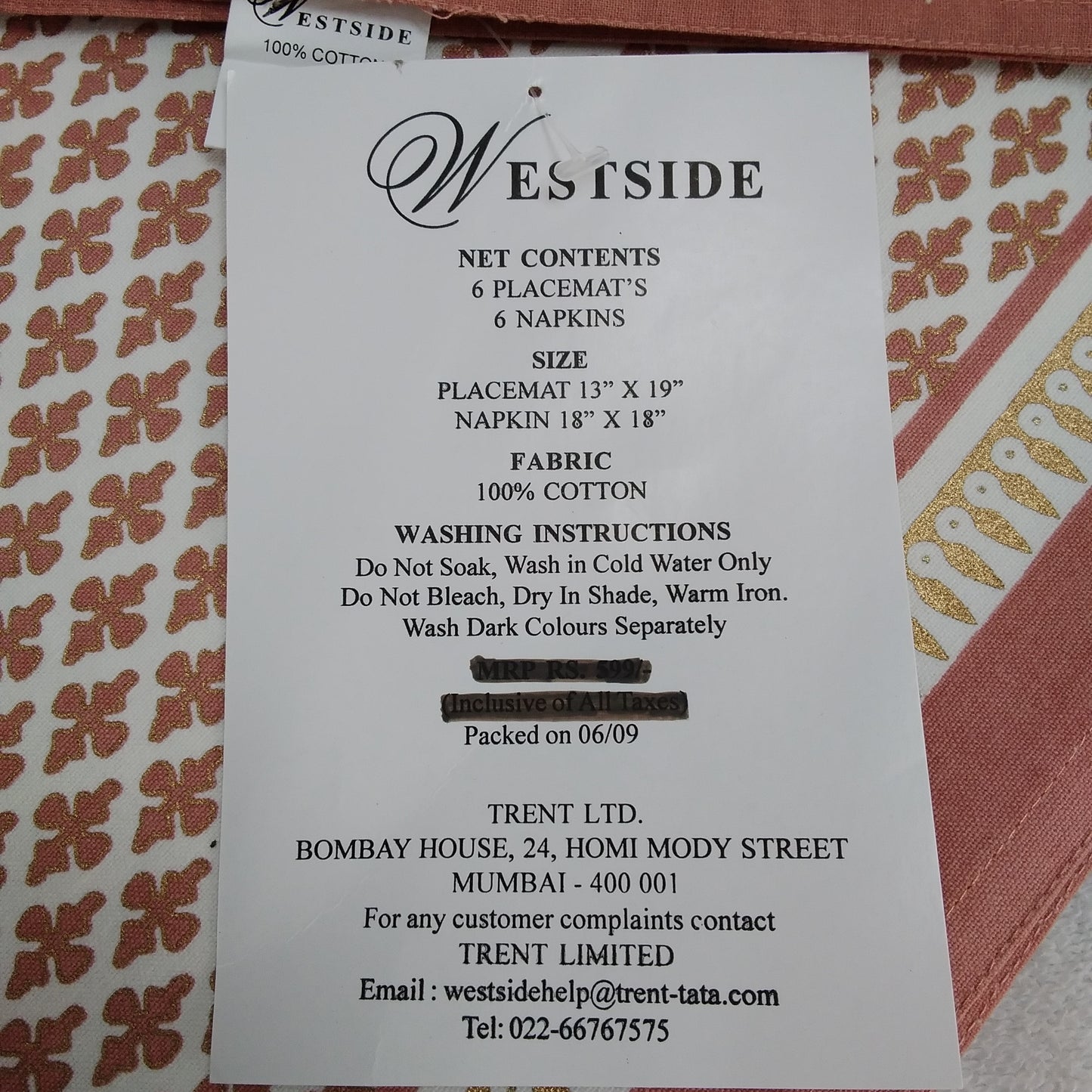 NEW - Westside 12 Piece Cotton Placemat & Napkin Set