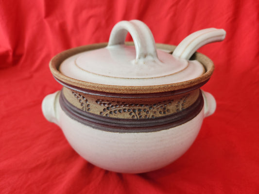 Amazing - Studio Art Pottery White and Brown Stoneware Pot w/Lid & Ladle - signed by Artist