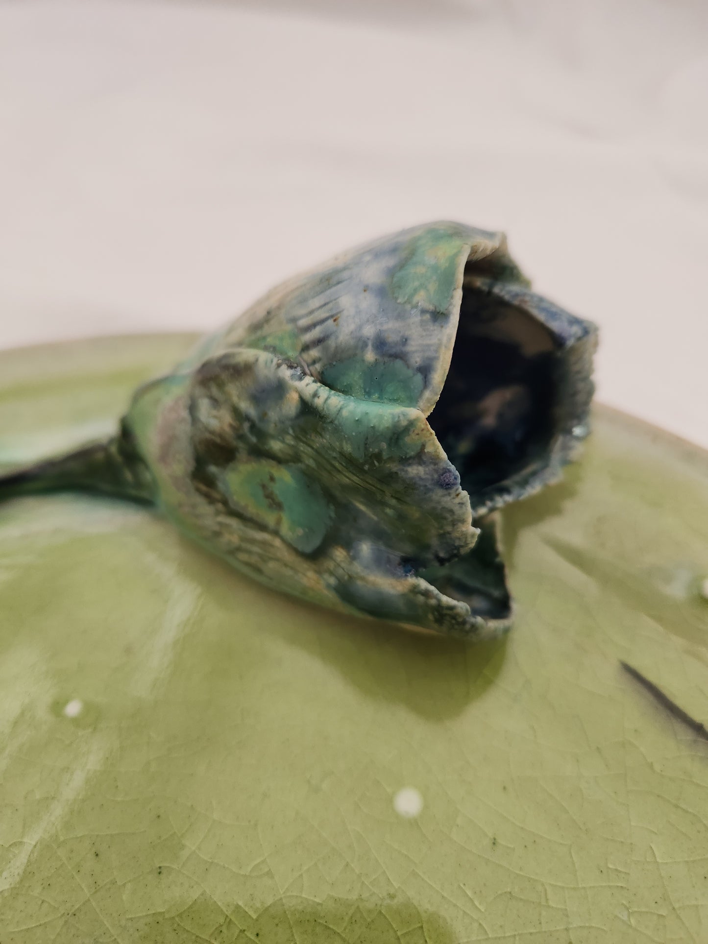 Arona ~ Wheel Thrown Pottery Green Glazed Wall Plate with Tulip Flower
