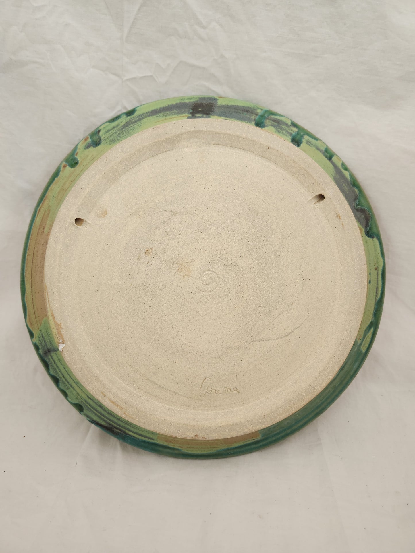 Arona ~ Wheel Thrown Pottery Green Glazed Wall Plate with Tulip Flower