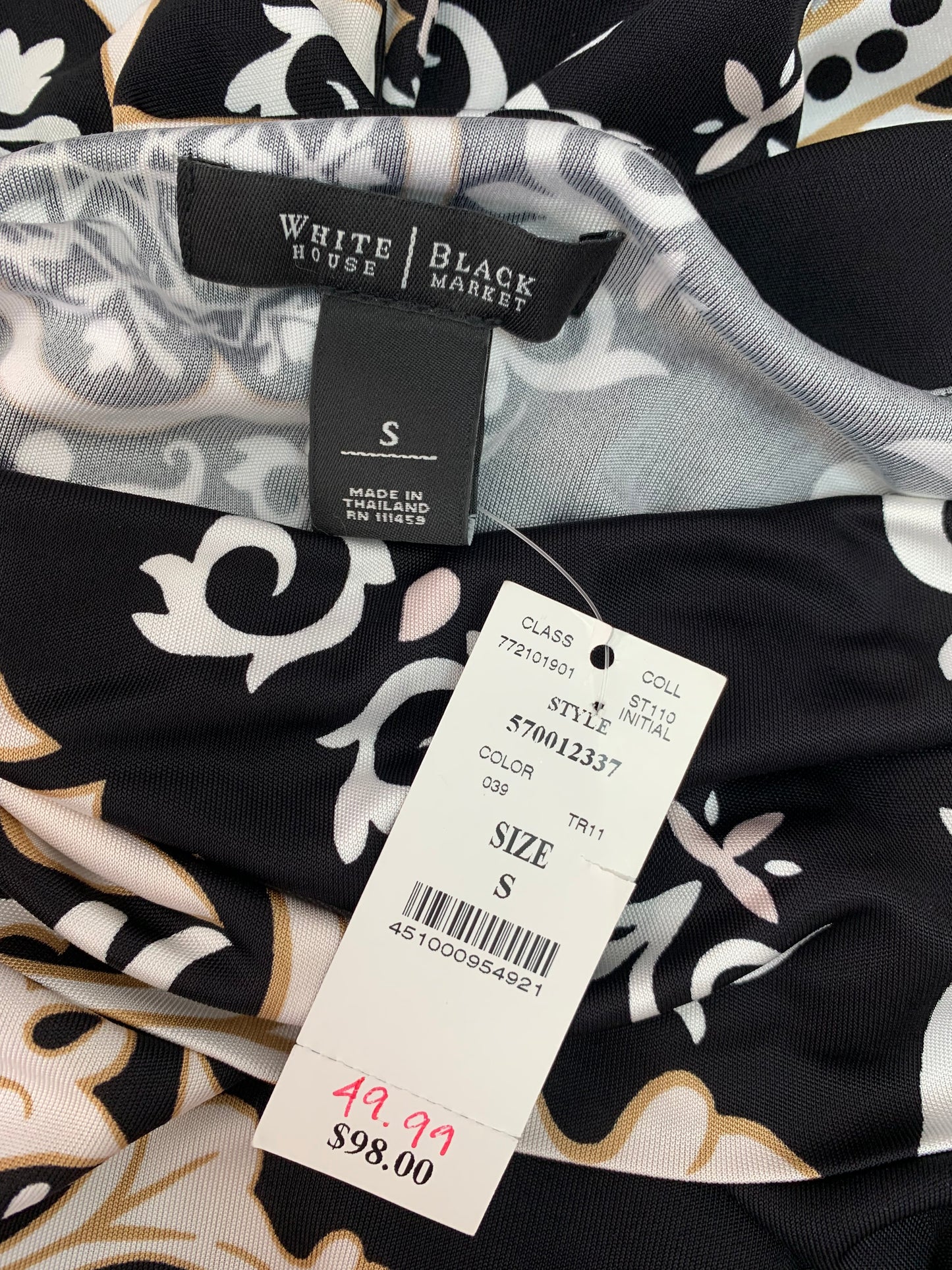 NWT - WHITE HOUSE BLACK MARKET black print rayon 3/4 Sleeve Dress - S