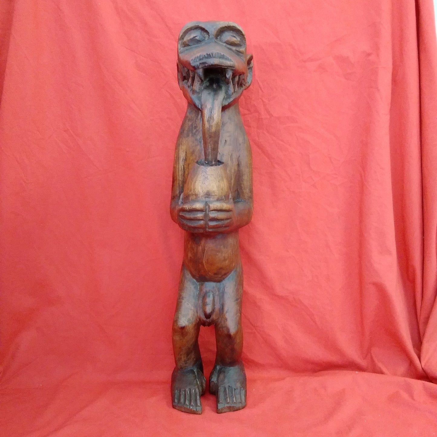 Vintage - 24" Wood Carving from Ghana of a Monkey Drinking from a Coconut