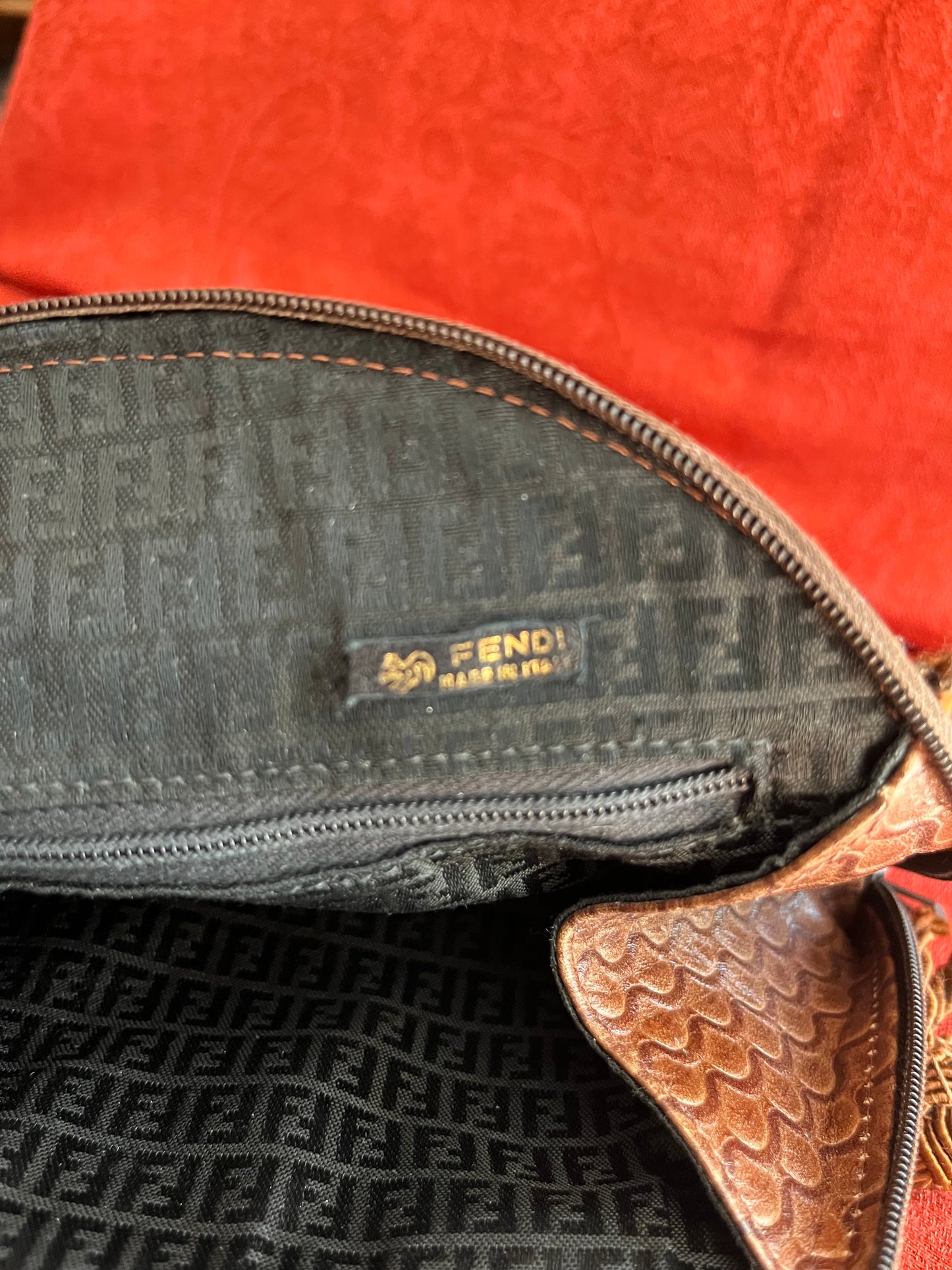 Vintage Brown Leather Fendi Crossbody with Satin Cord Strap and Zipper Accents