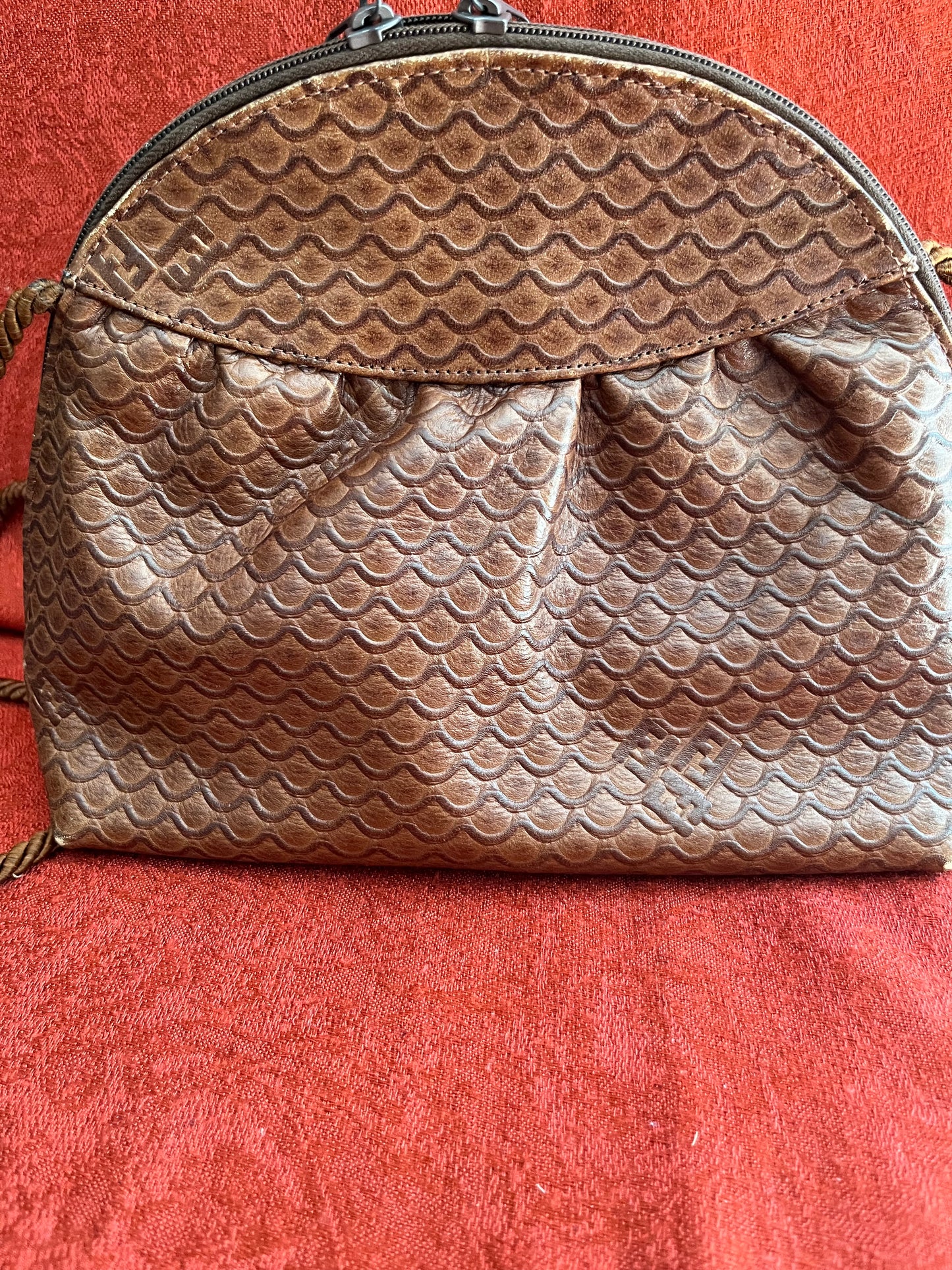 Vintage Brown Leather Fendi Crossbody with Satin Cord Strap and Zipper Accents