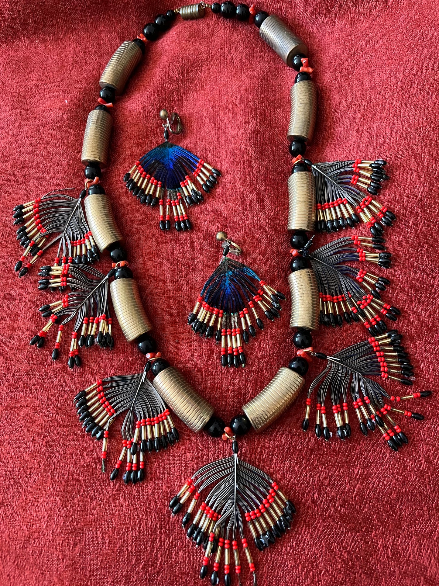 Feather Statement Necklace and Matching Clip On Earrings