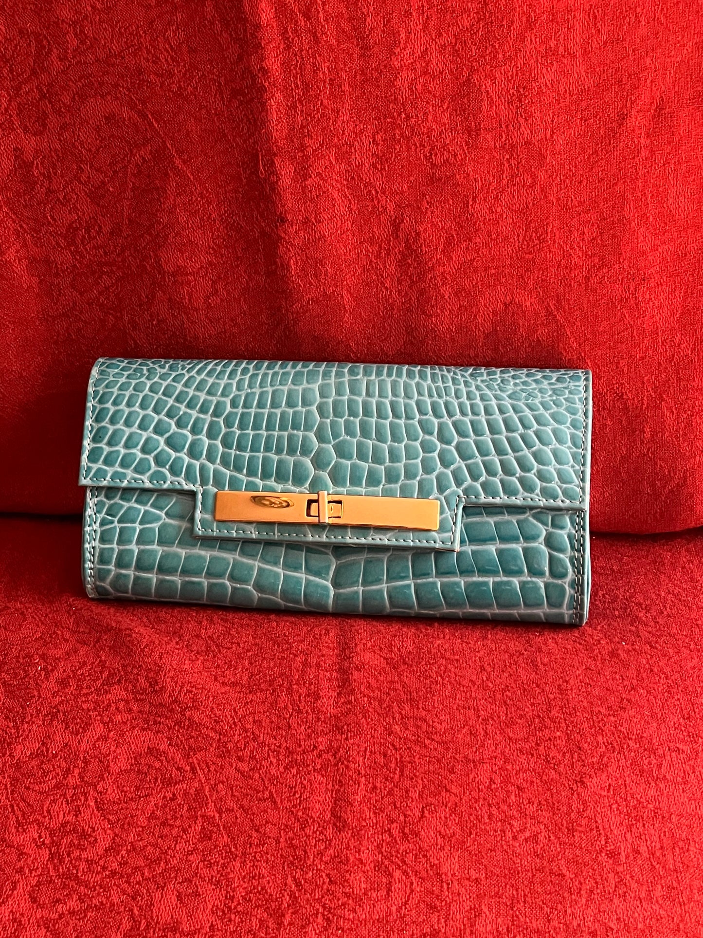Vintage Embossed Turquoise Patent Leather Clutch with Long Strap