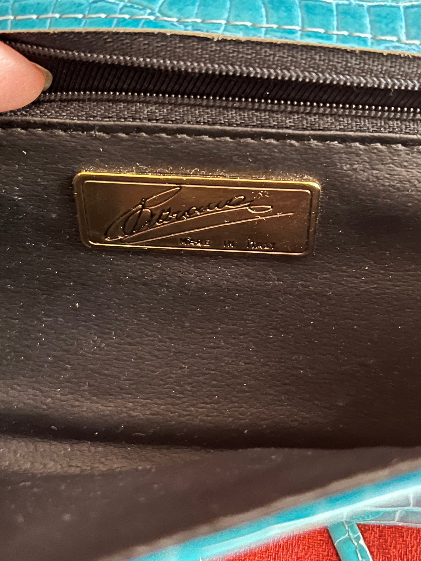 Vintage Embossed Turquoise Patent Leather Clutch with Long Strap