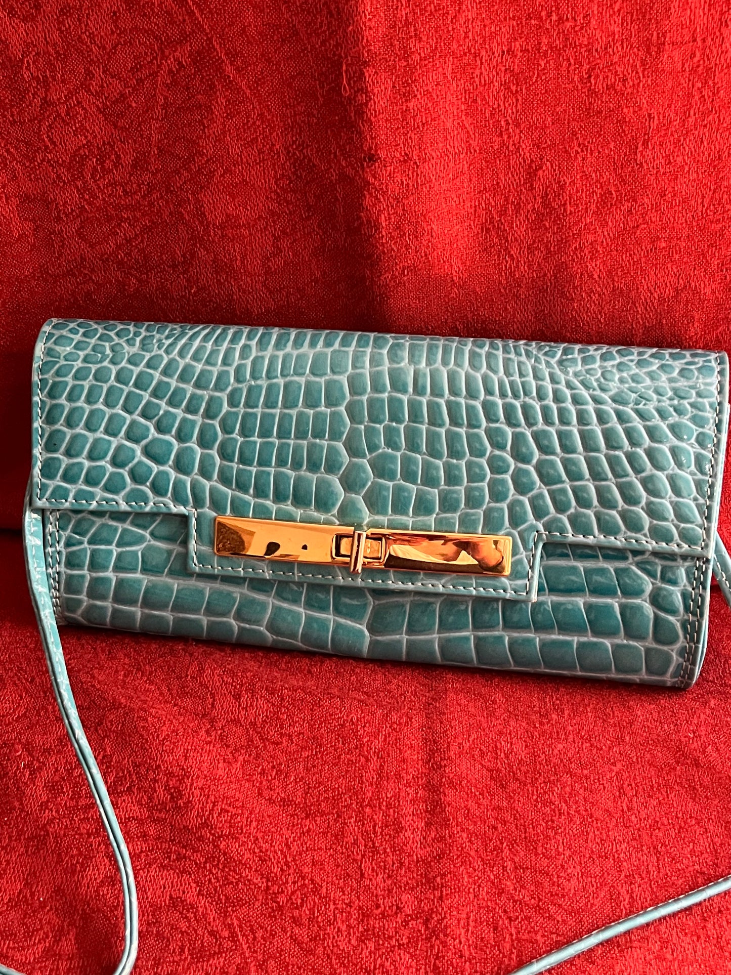 Vintage Embossed Turquoise Patent Leather Clutch with Long Strap