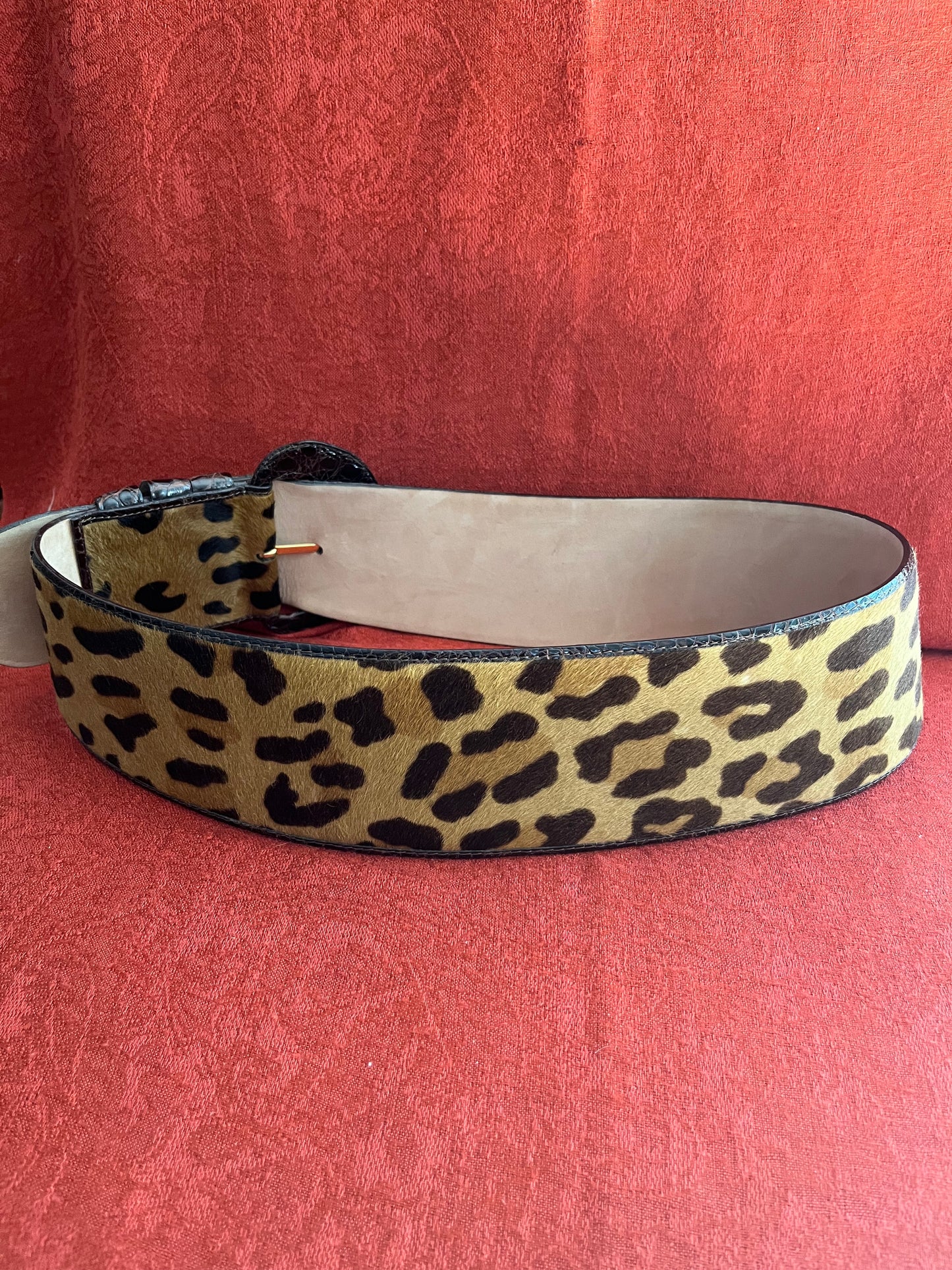 Nancy Gonzalez Calf Hair Belt with Crocodile Trim and Buckle