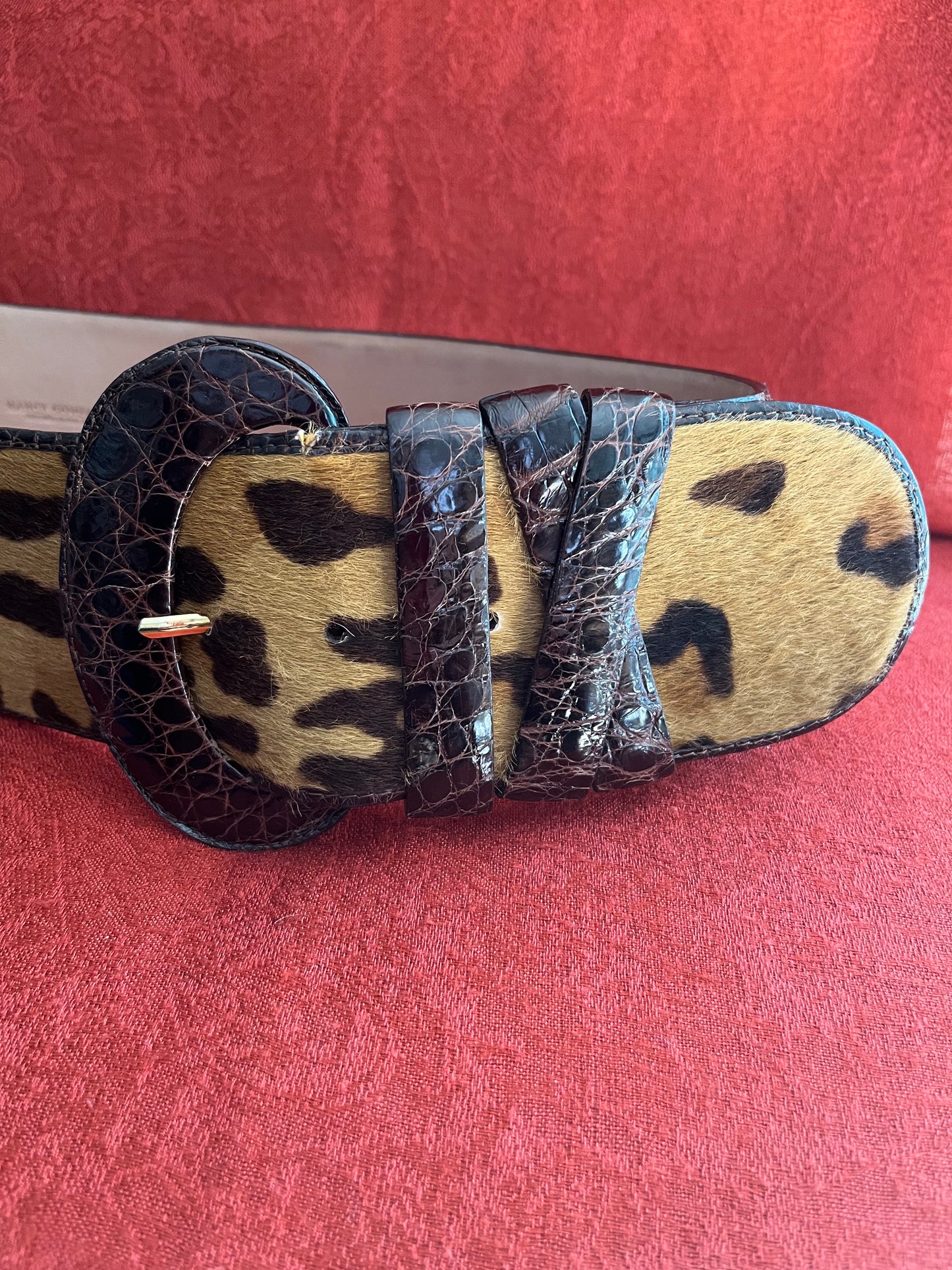 Nancy Gonzalez Calf Hair Belt with Crocodile Trim and Buckle